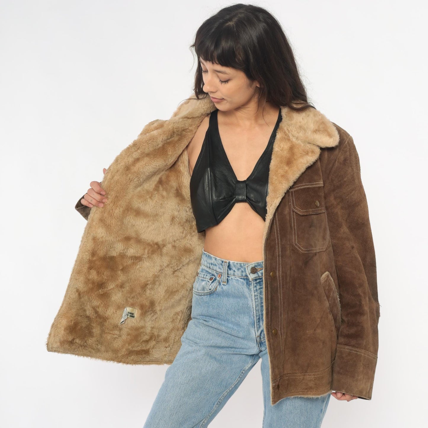 70s JC Penney Brown Suede Sherpa Jacket Western Rancher Coat Extra Large XL