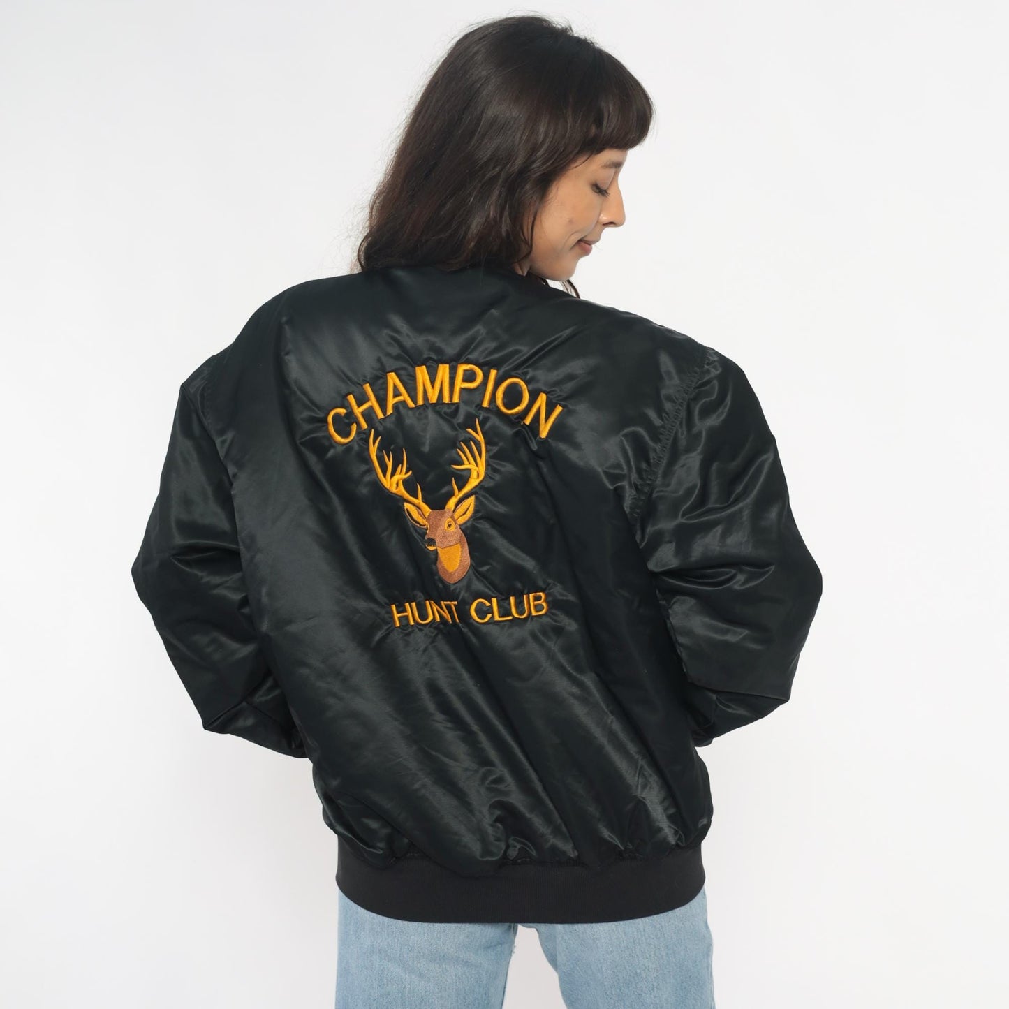 90s Black Satin Bomber Jacket Embroidered Champion Hunt Club Deer Large