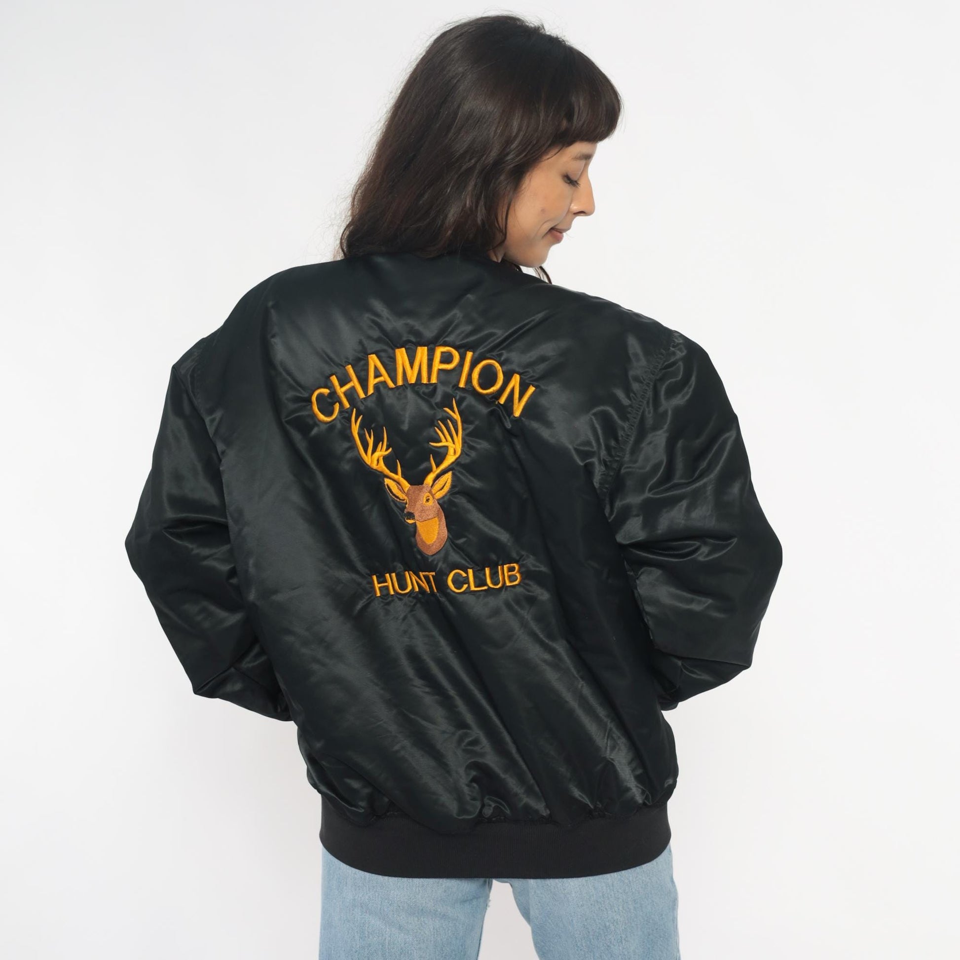 90s Black Satin Bomber Jacket Embroidered Champion Hunt Club Deer Large