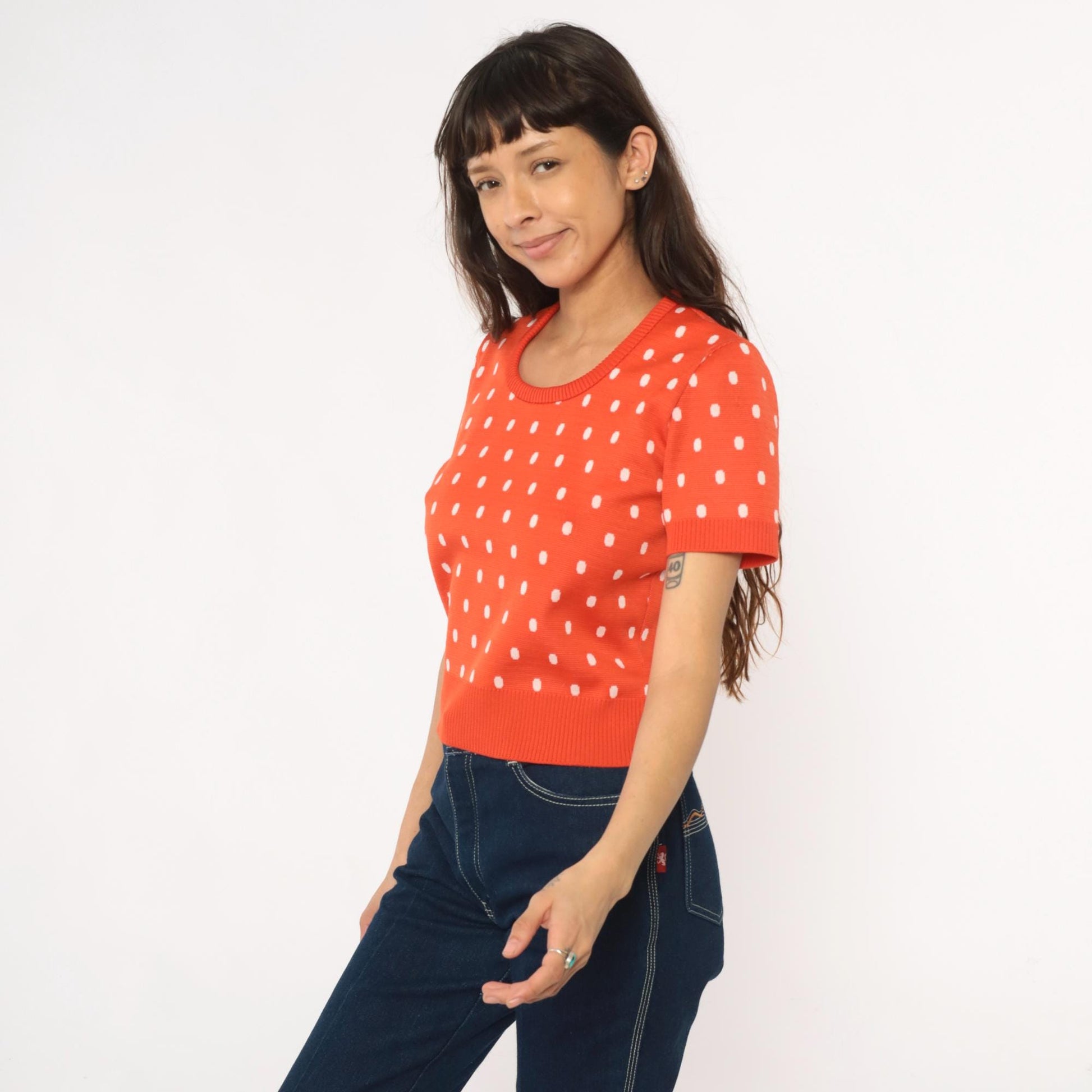 70s Coral Polka Dot Sweater Top Short Sleeve Cropped Knit Zip Back Medium