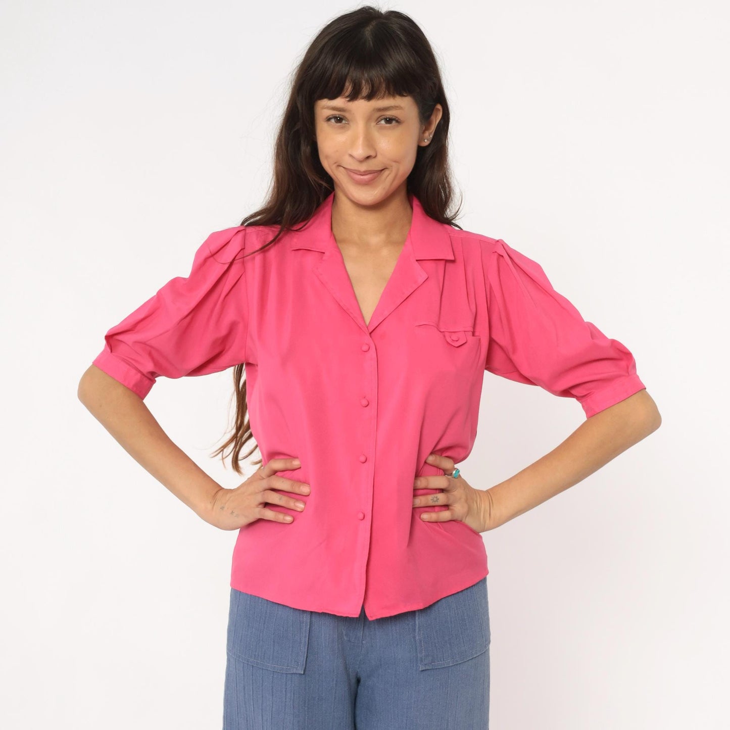 80s Hot Pink Josephine Blouse Puff Sleeve Button Front Power Dressing Medium