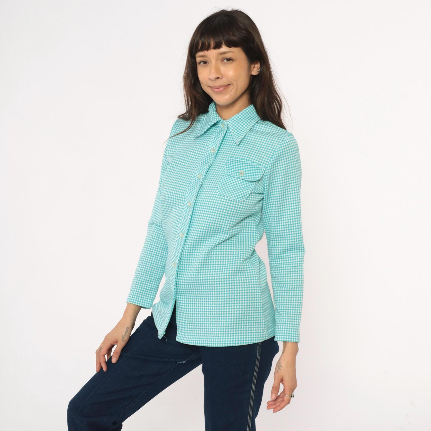 70s Turquoise Gingham Button-Front Shirt Chest Pocket Long Sleeve Small