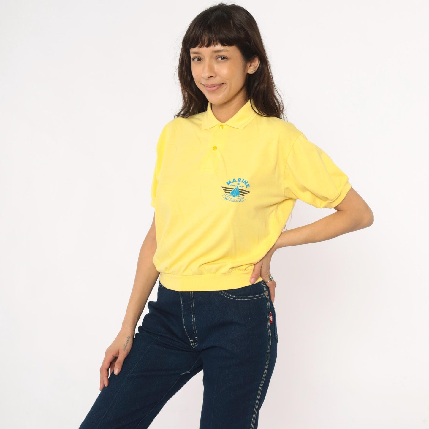 80s Yellow Polo Shirt Marine Seafarer Sailboat Graphic Collared Medium