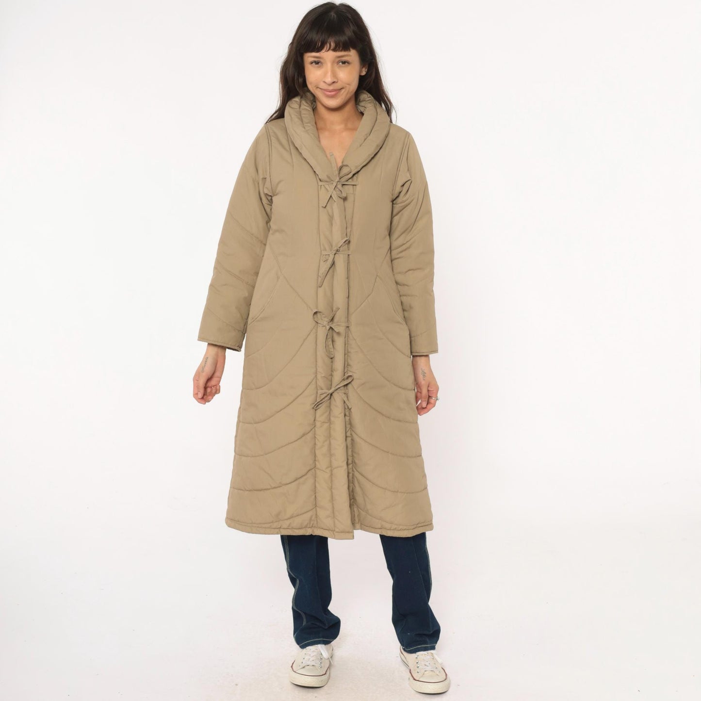 80s Tan Quilted Parka Jacket Chevron Shawl Collar Tie Front Duster Extra Small XS