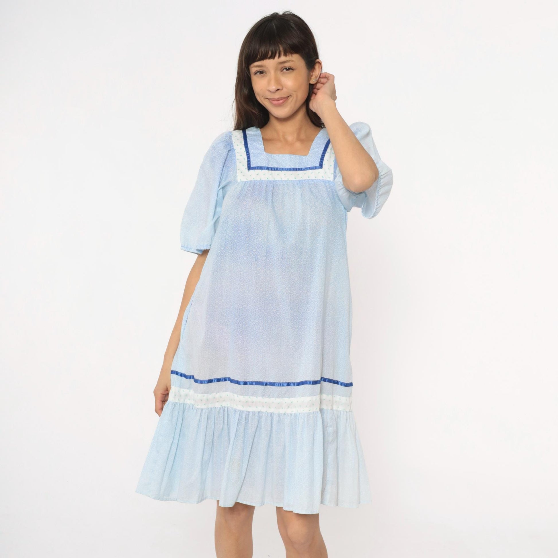 80s Light Blue Hawaiian Dress Cotton Puff Sleeve Square Neck Empire Waist Extra Small