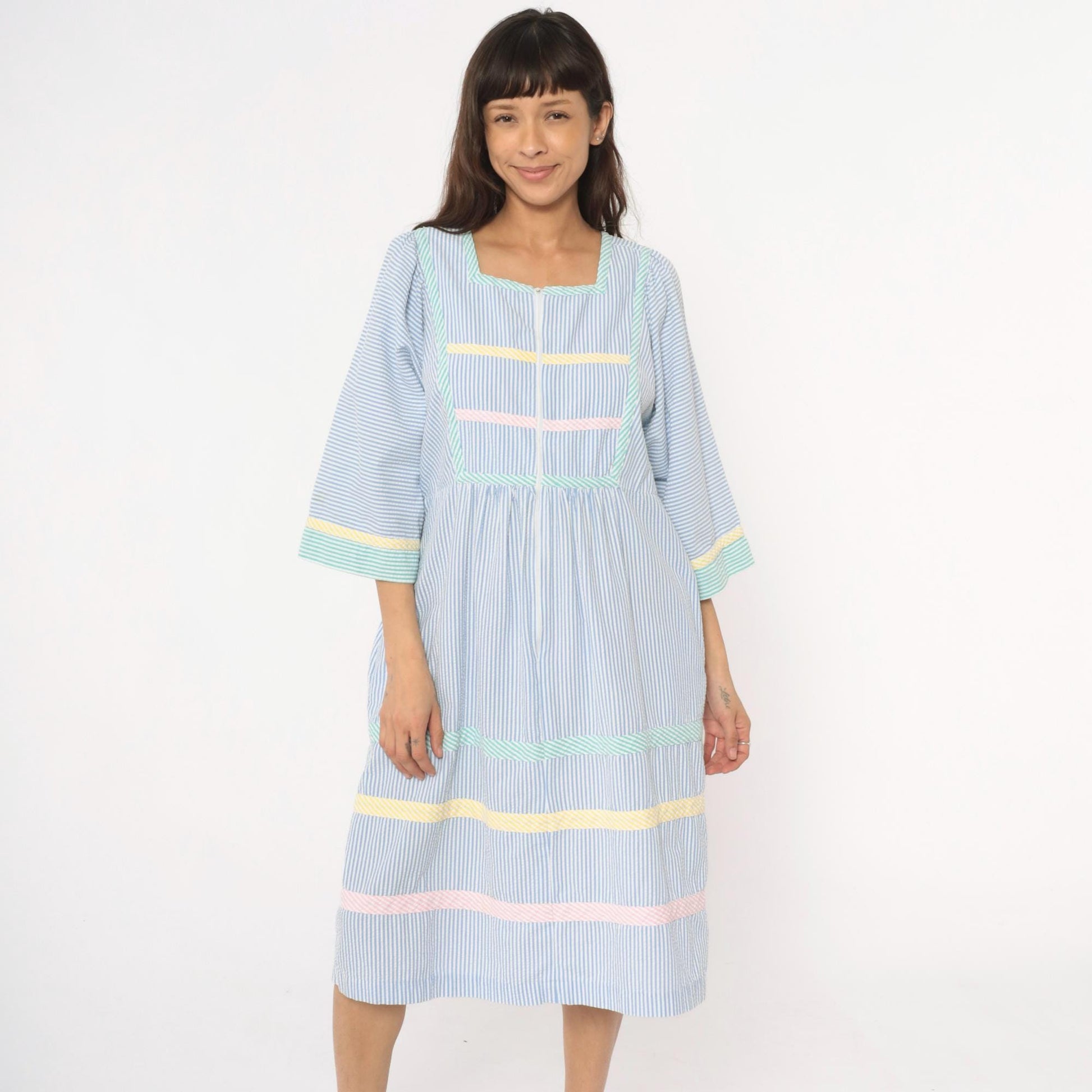 80s Saybury Seersucker Striped Dress Blue White Rickrack Trim Large