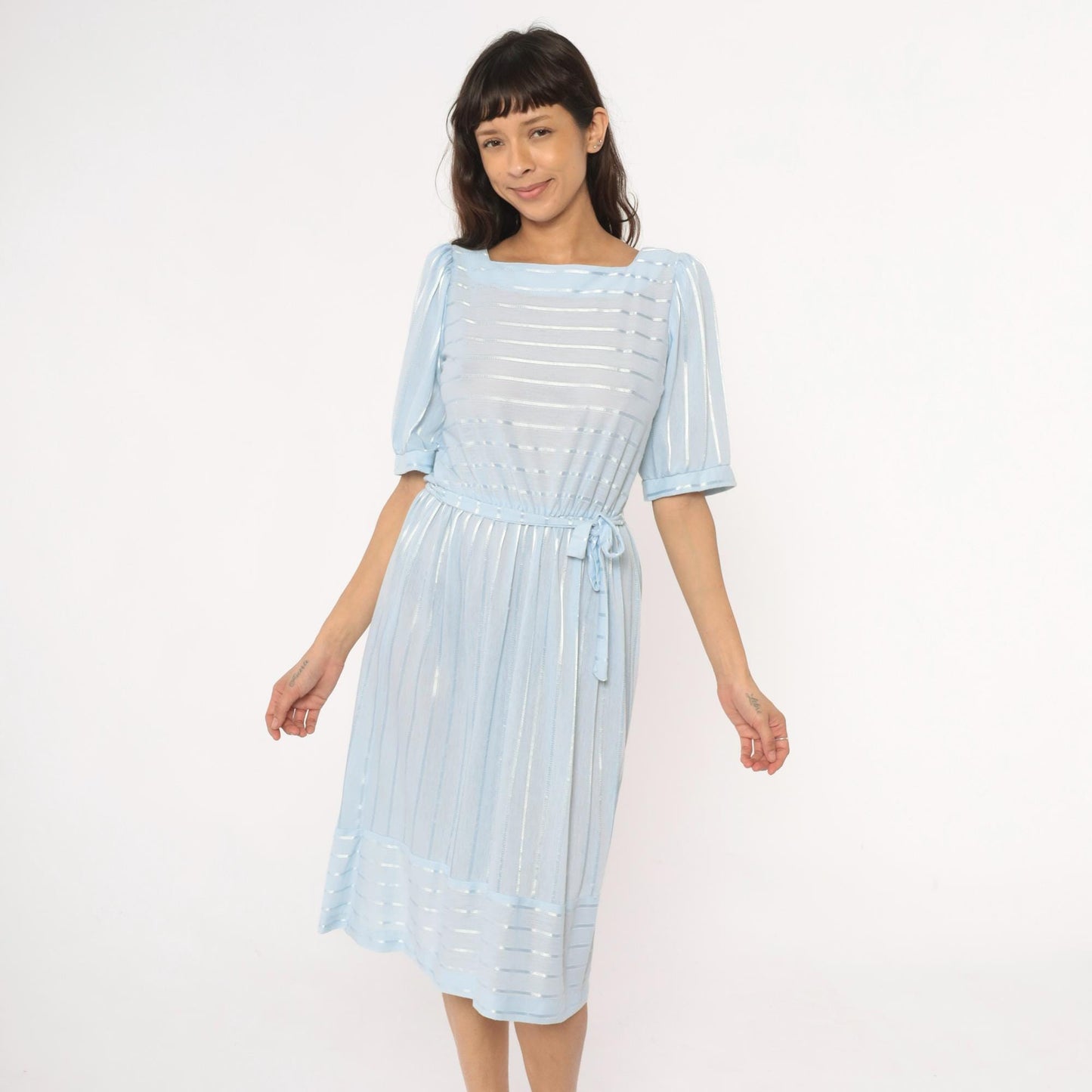80s Baby Blue Striped Midi Dress Puff Sleeve Boat Neck Cotton Medium
