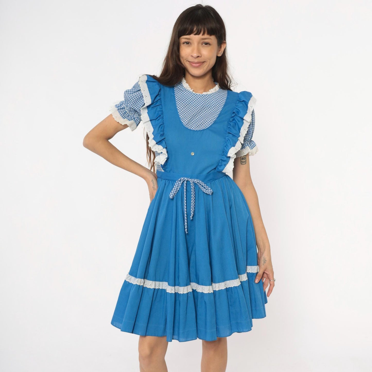 80s Jeri Bee Blue Gingham Pinafore Dress Eyelet Lace Puff Sleeve Small Medium