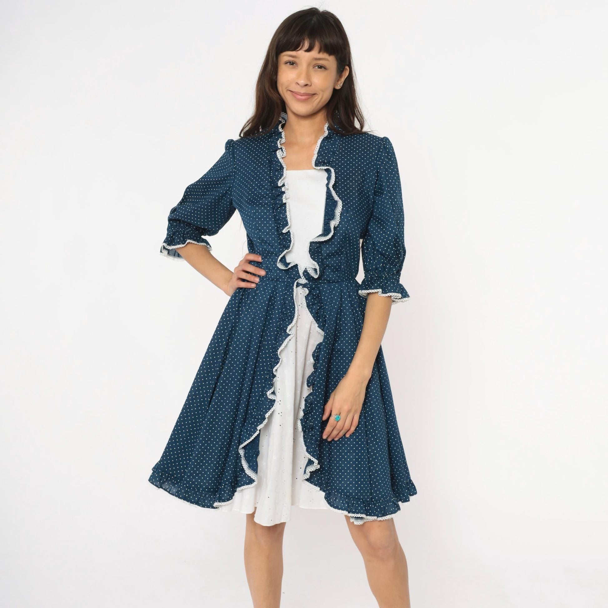 80s Navy Polka Dot Square Dance Dress White Eyelet Ruffle Cotton Small