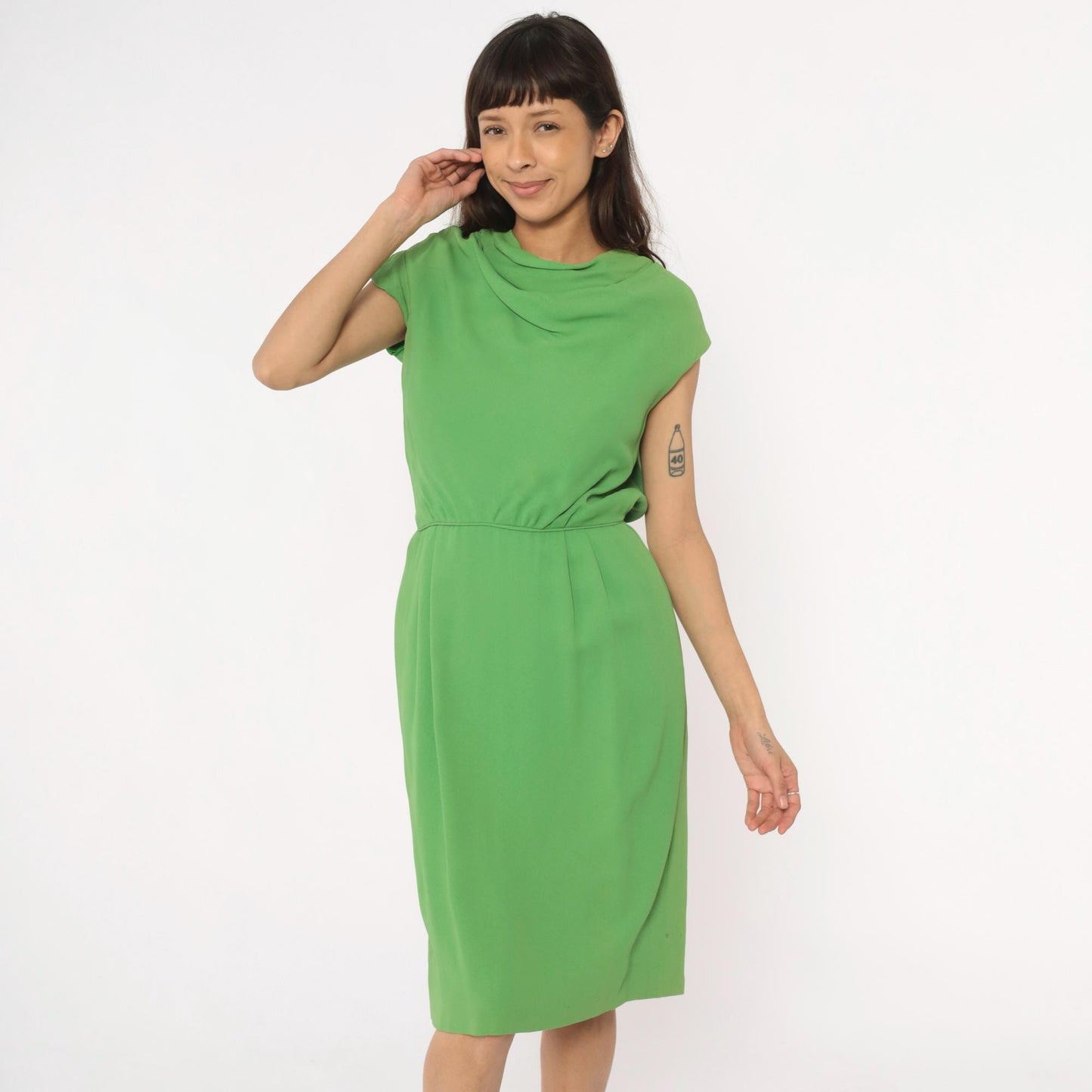 60s Richard Frontman Apple Green Cowl Neck Dress Knee-Length Small