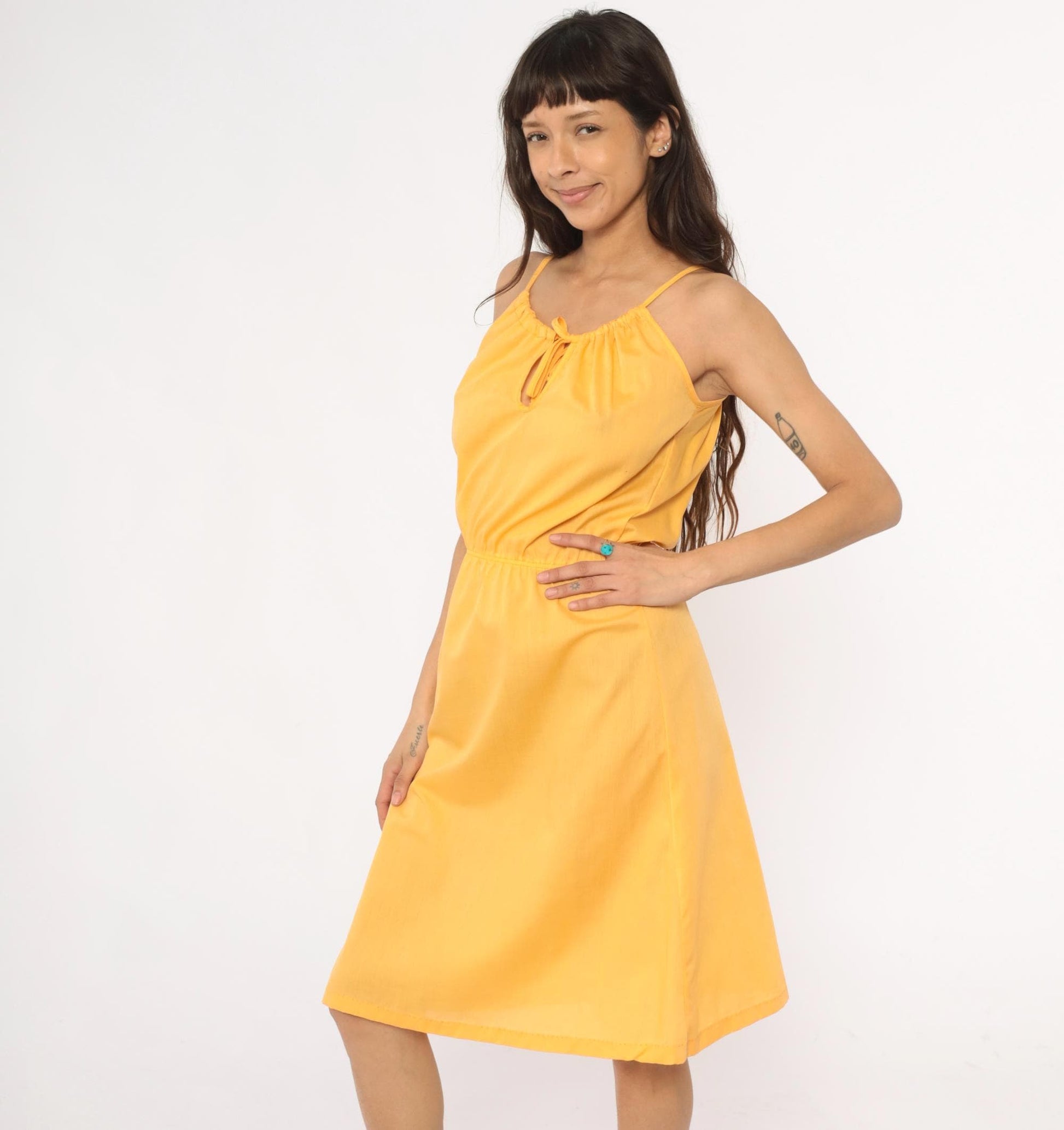 70s Yellow Spaghetti Strap Sundress Tie Neck Knee-Length Small Medium