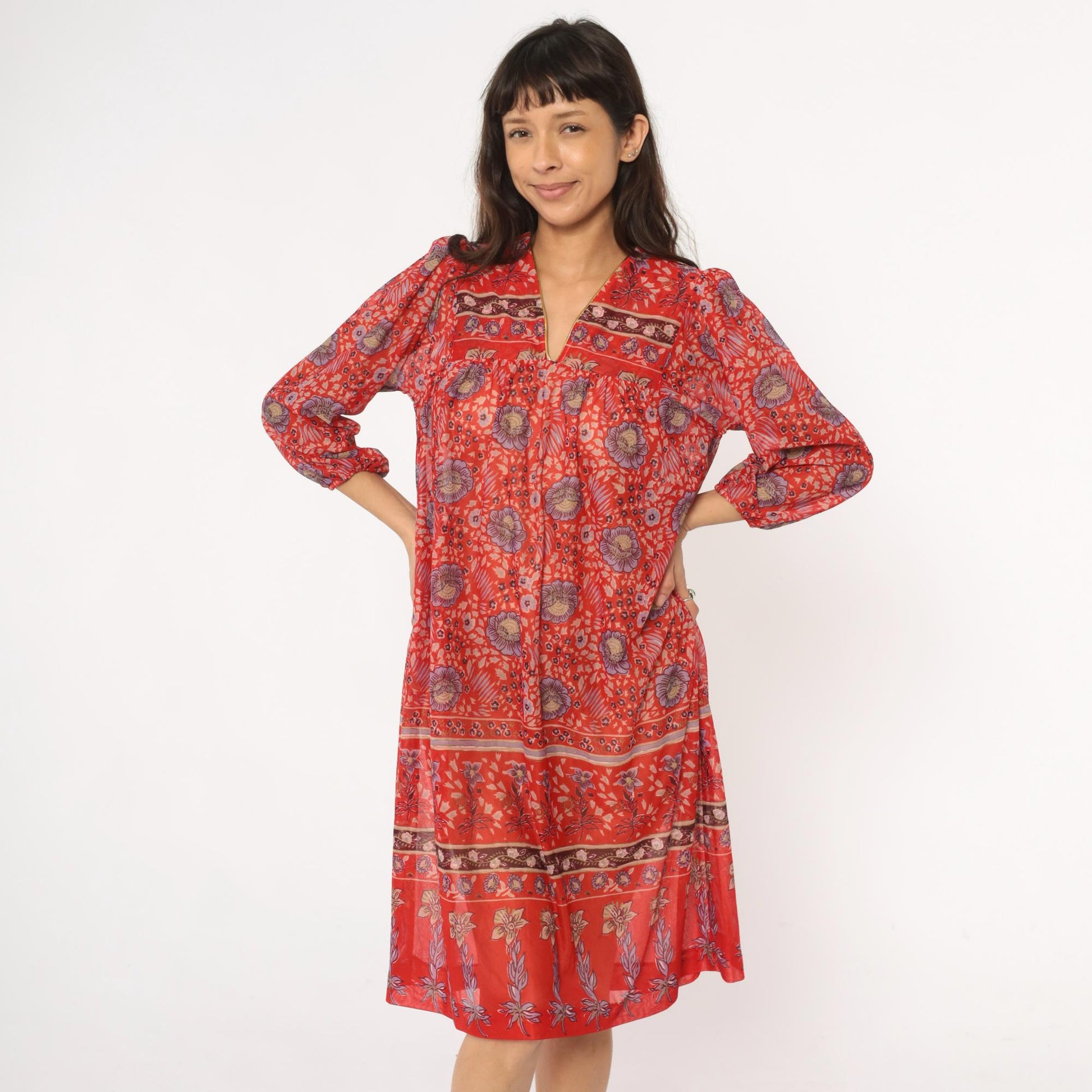 70s Floral Shift Dress Red Coral V-Neck Knee Length Three-Quarter Sleeve Medium Large