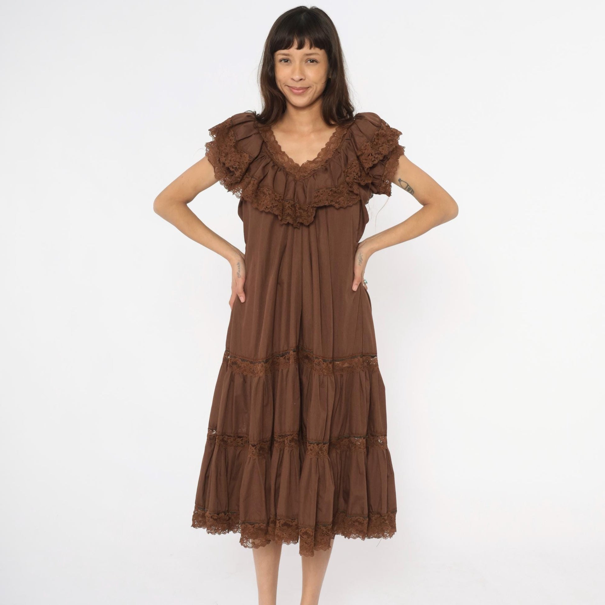 80s Brown Tiered Prairie Dress Lace Trim Cap Sleeve Midi Medium Large