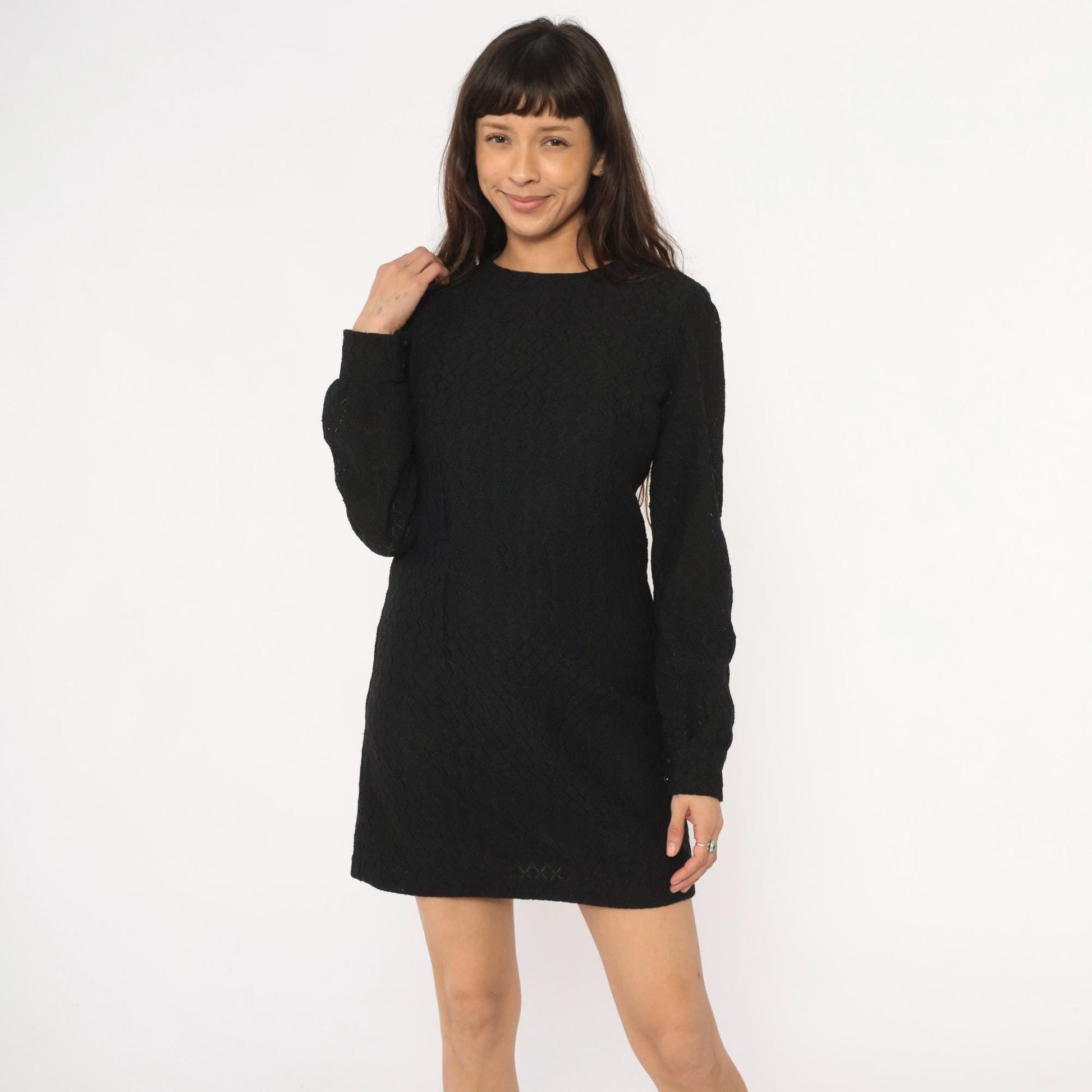 60s Black Mini Dress Diamond Quilted Long Sleeve Crew Neck Small
