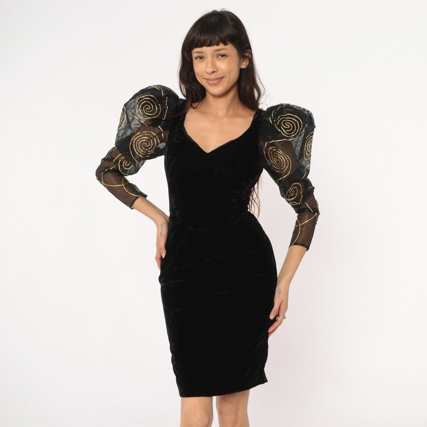90s Black Velvet Puff Sleeve Dress Gold Embroidered Organza Open Back Small