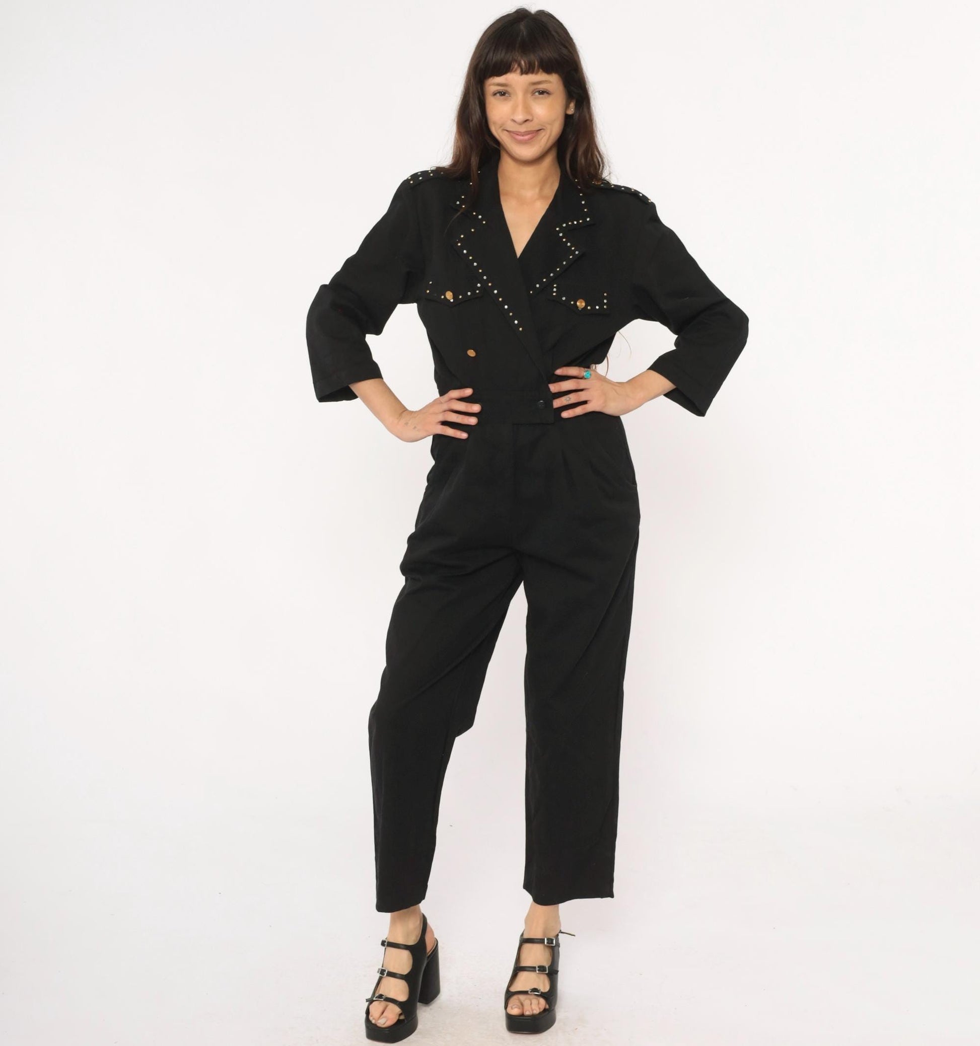 90s D Frank Black Cotton Jumpsuit Rhinestone V-Neck Wide Leg Small S