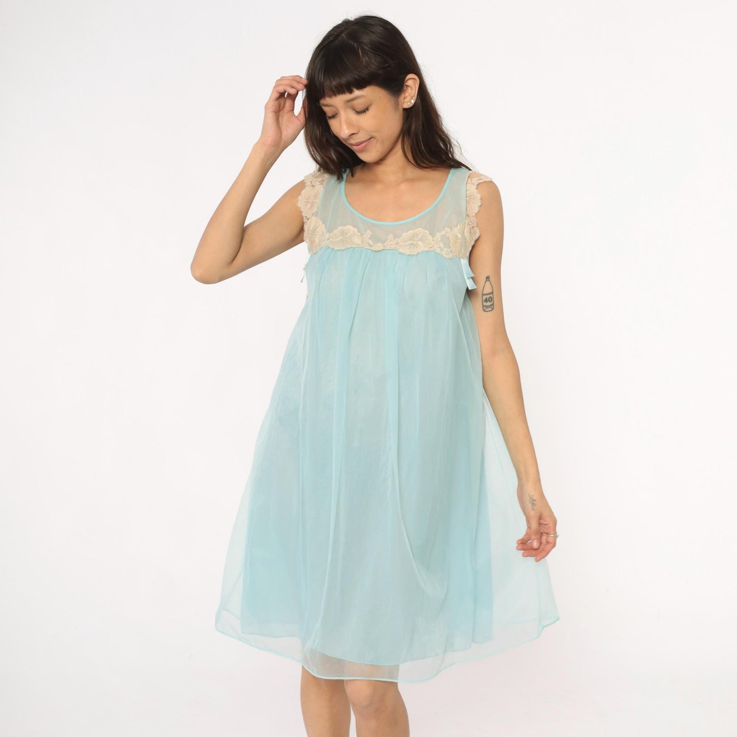 70s Aqua Babydoll Nightgown Sheer Lace Empire Waist Negligee Medium
