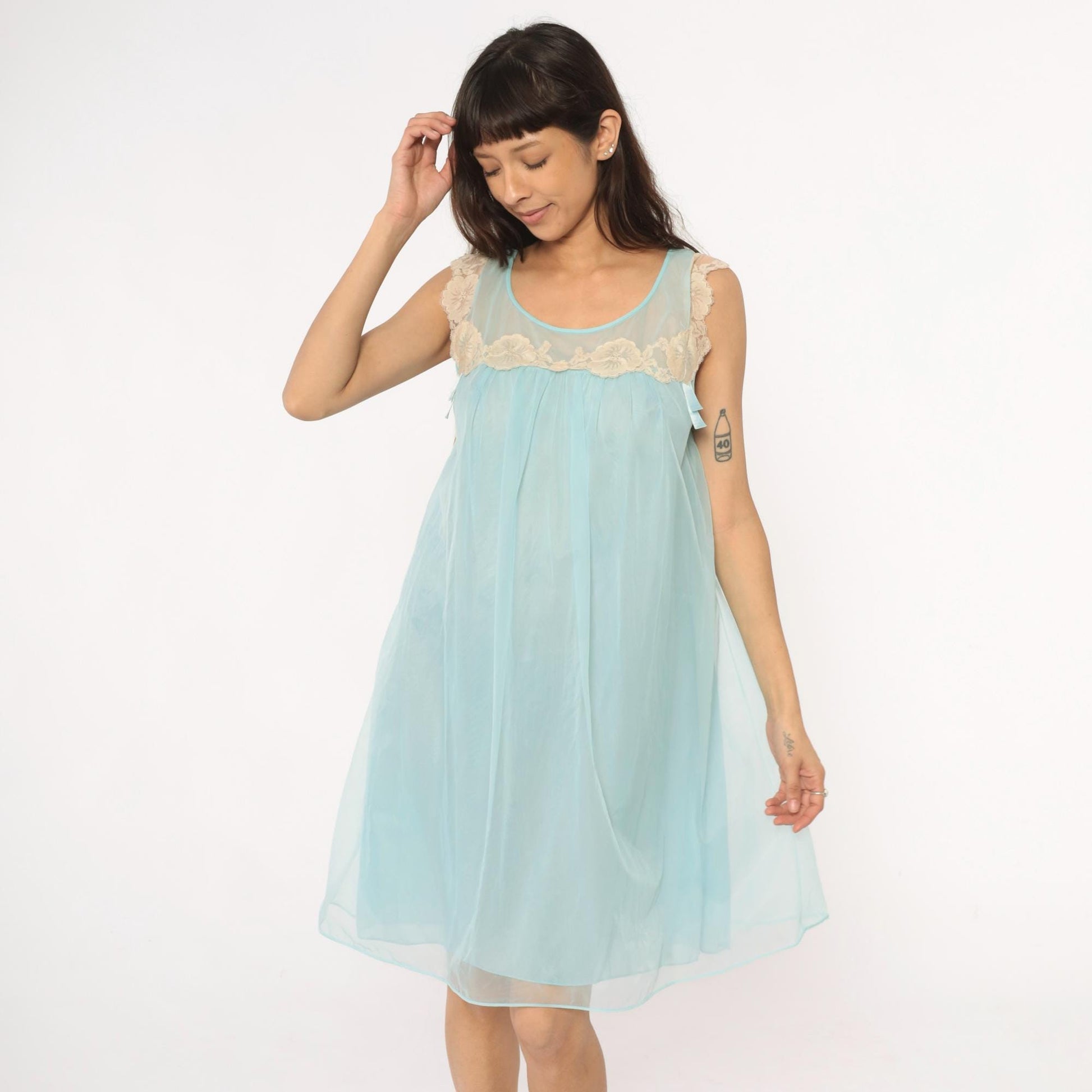 70s Aqua Babydoll Nightgown Sheer Lace Empire Waist Negligee Medium