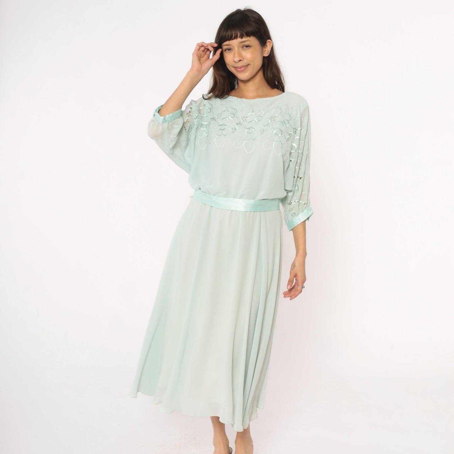 80s Ursula Mint Green Midi Dress Embroidered Floral Cutwork Sheer Large