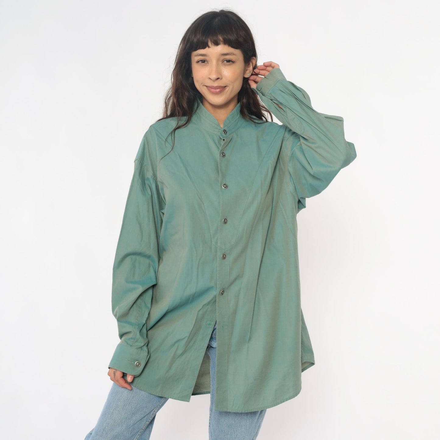90s Stubbs Sage Green Western Shirt Mandarin Collar Button Front Extra Large XL