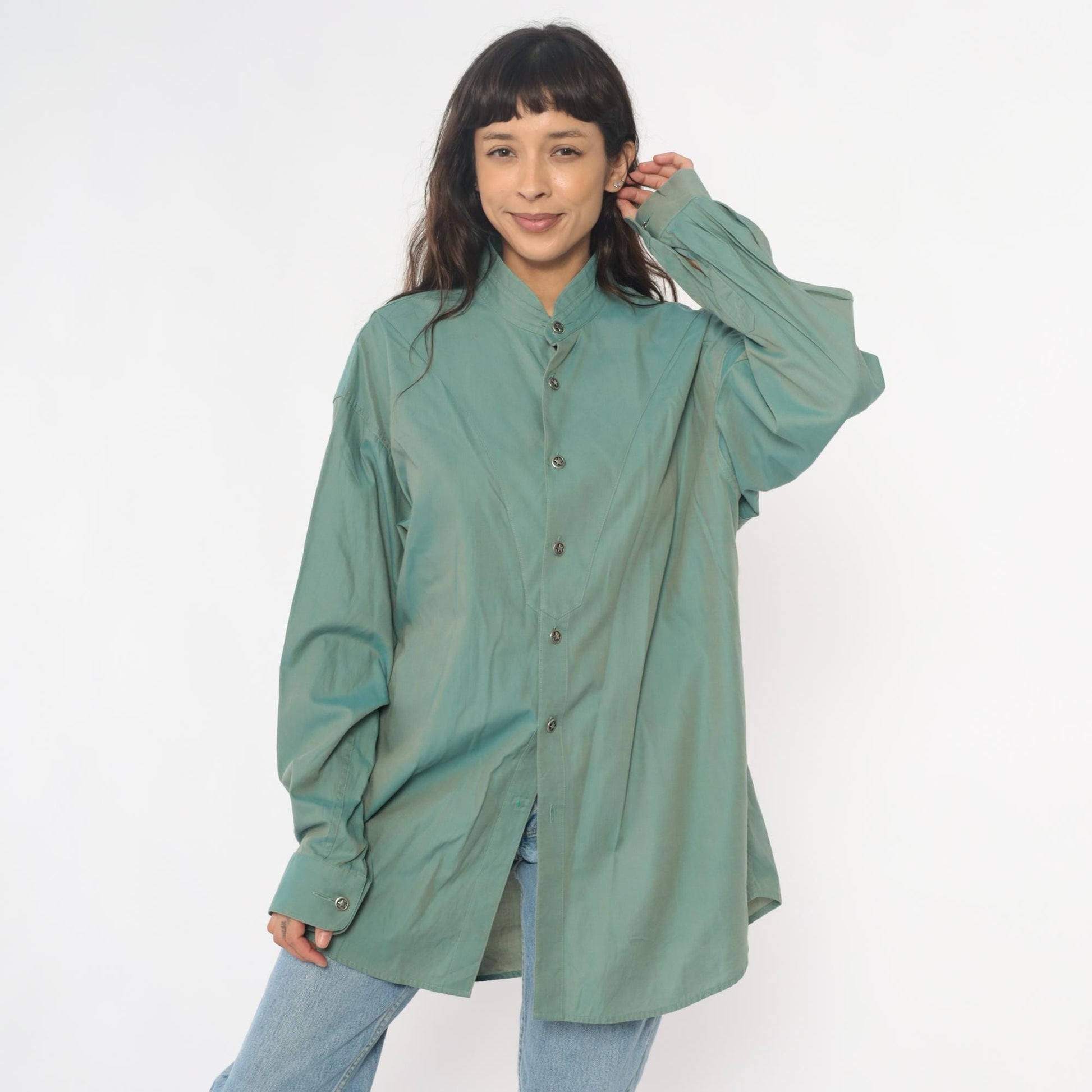 90s Stubbs Sage Green Western Shirt Mandarin Collar Button Front Extra Large XL