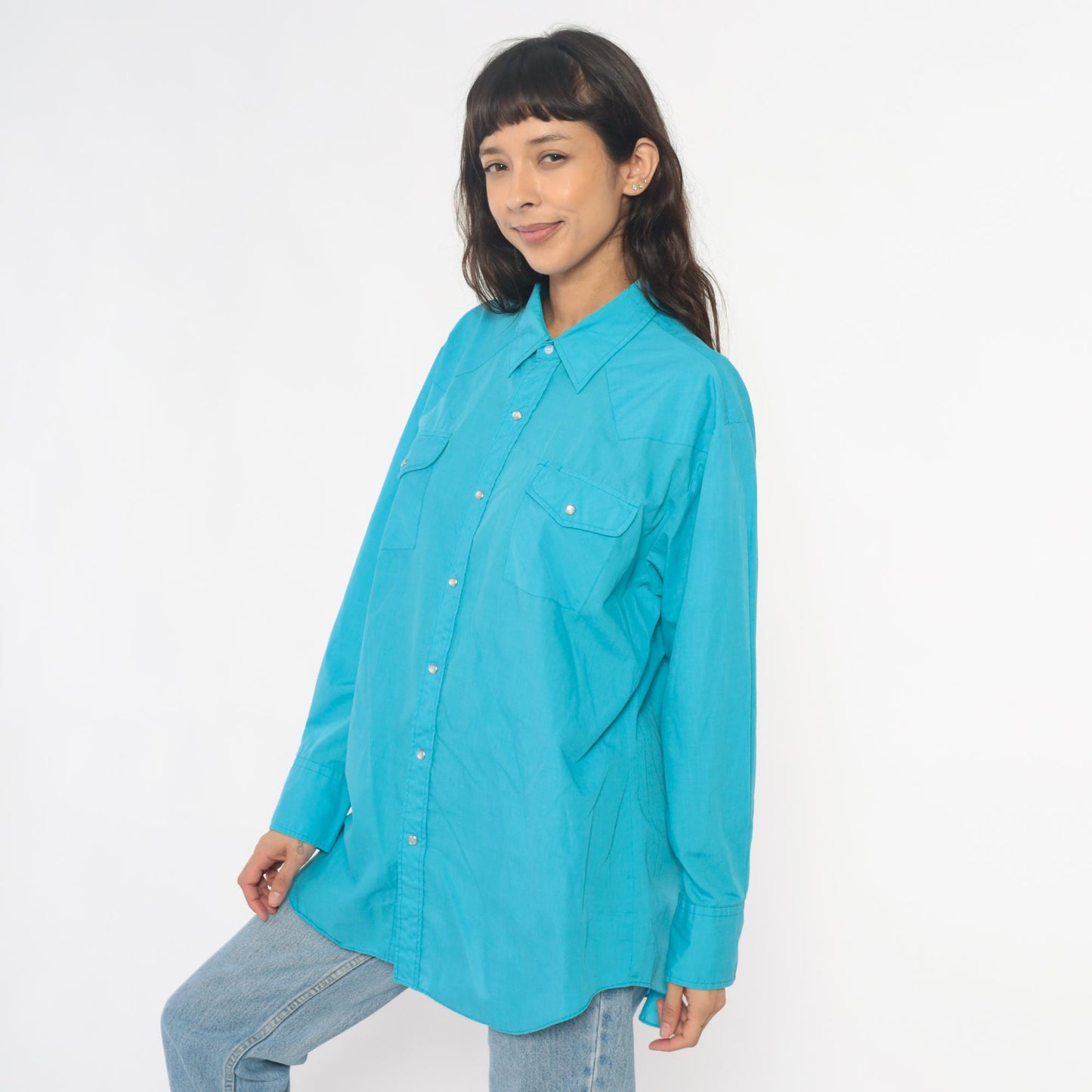 80s Sheplers Turquoise Western Shirt Pearl Snap Collared Long Sleeve Large