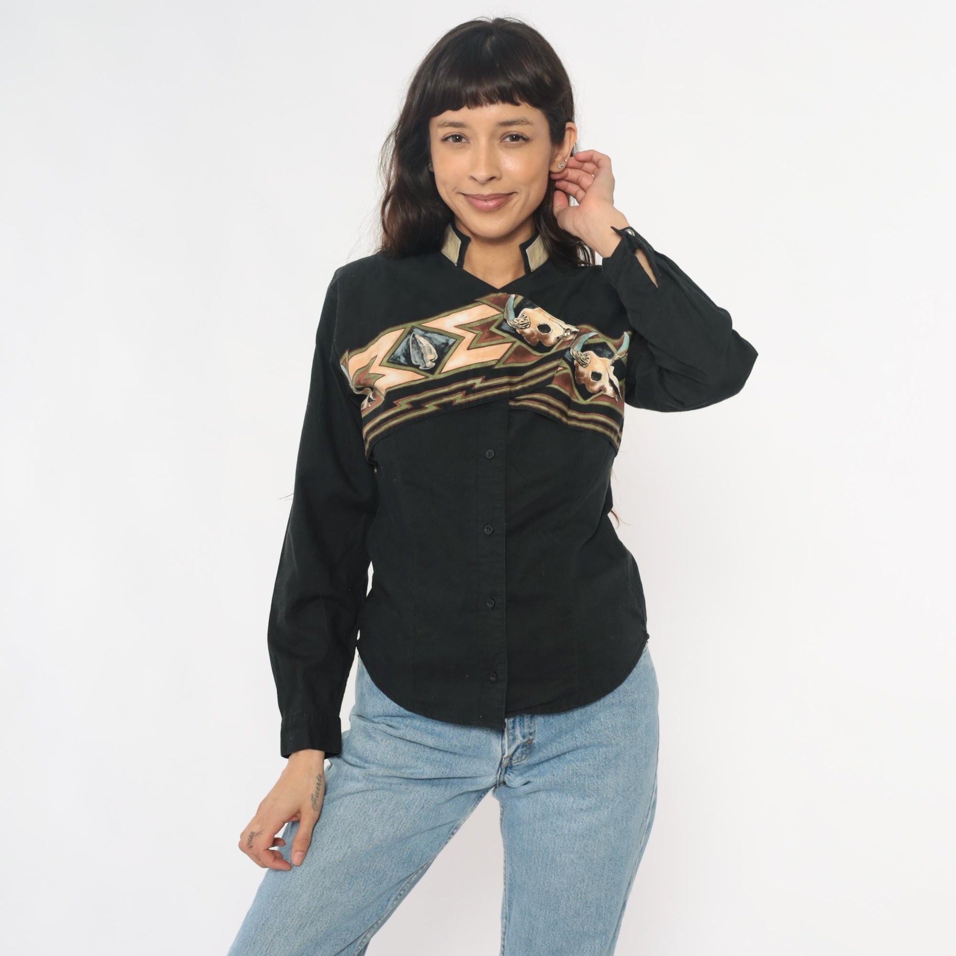 90s Roper Black Western Shirt Buffalo Skull Southwestern Appliqué Small