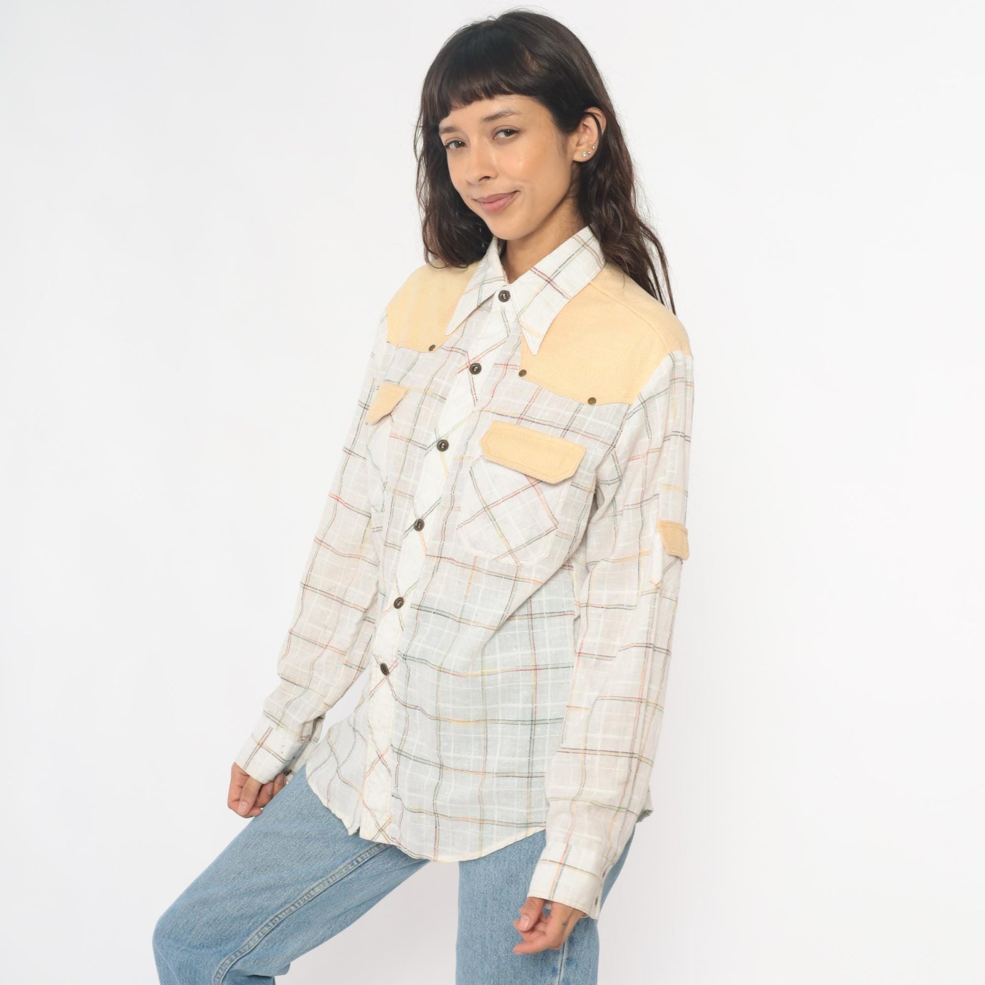 70s Kennington Western Shirt Plaid Cream Peach Yoke Button Front Medium