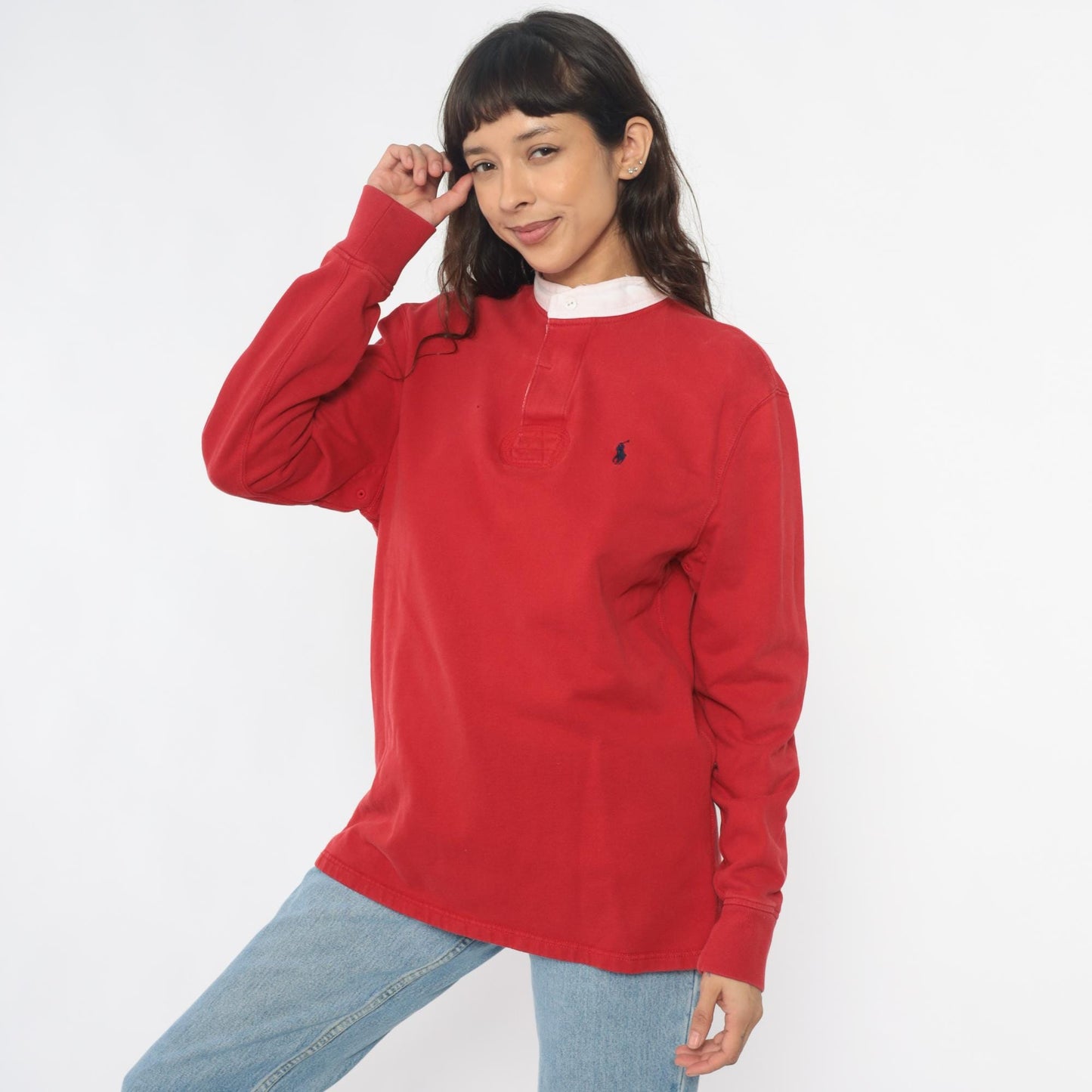 90s Polo Ralph Lauren Red Rugby Shirt White Collar Cotton Medium M