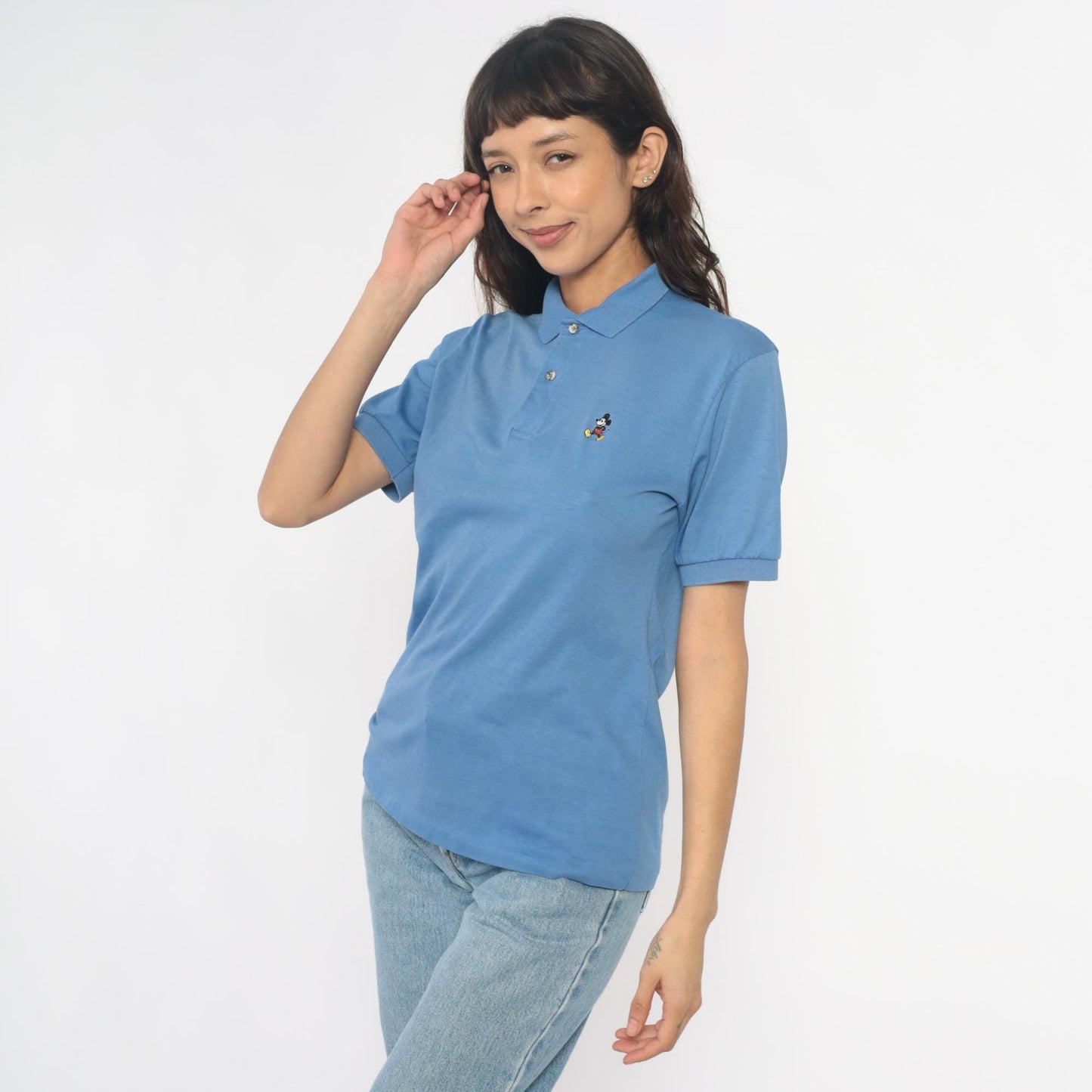 80s Disney Mickey Mouse Polo Cornflower Blue Embroidered Shirt Medium M