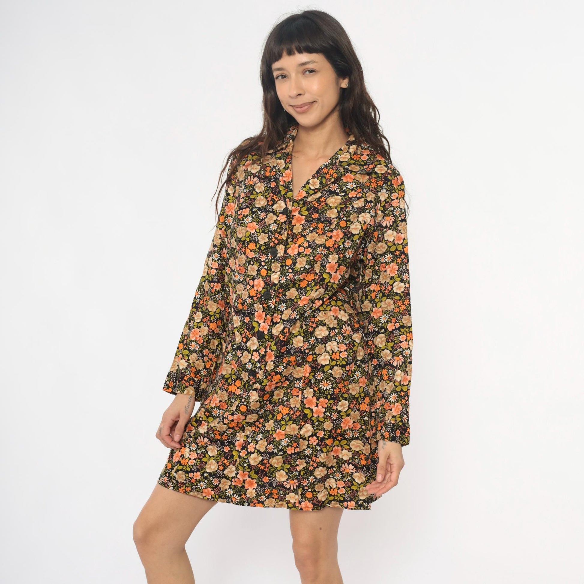 80s Laurel C Floral Shirt Dress Cotton Collared Mini Dark Botanical Large L