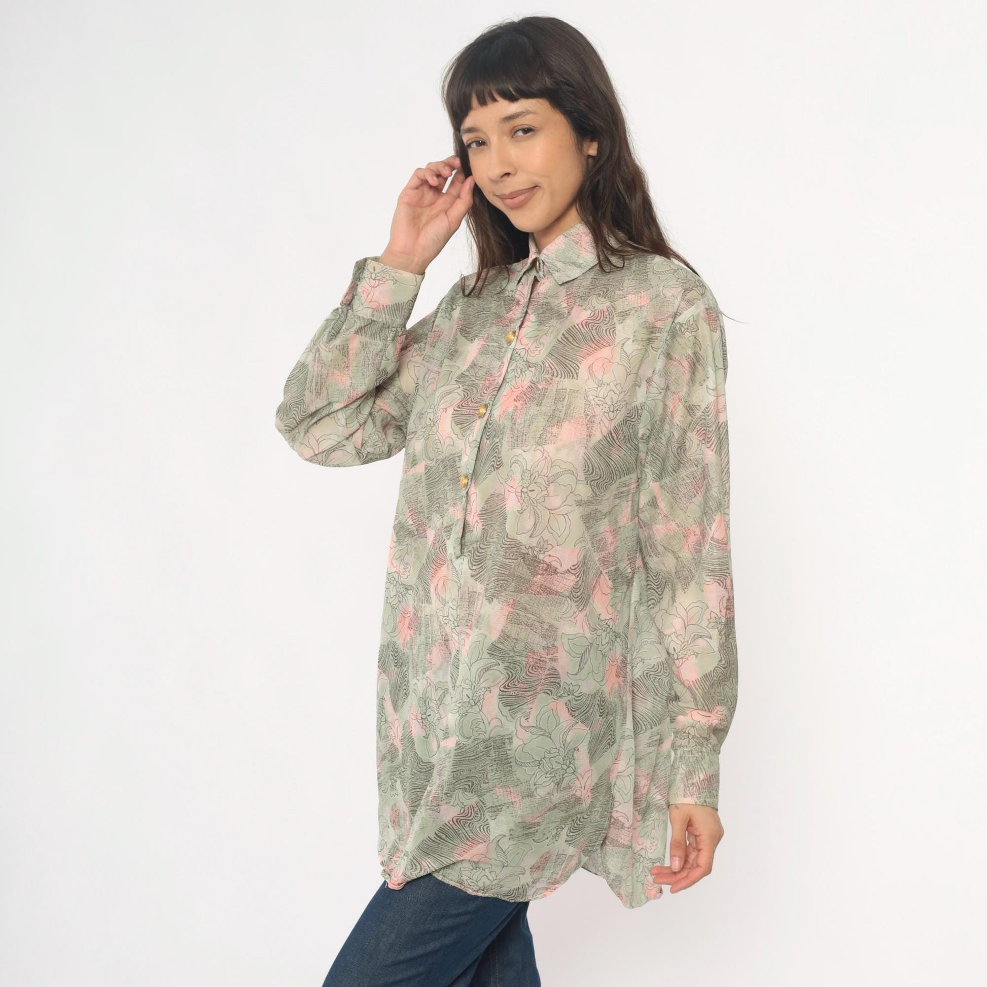 70s Abstract Floral Tunic Shirt Sage Pink Cream Button Front Medium