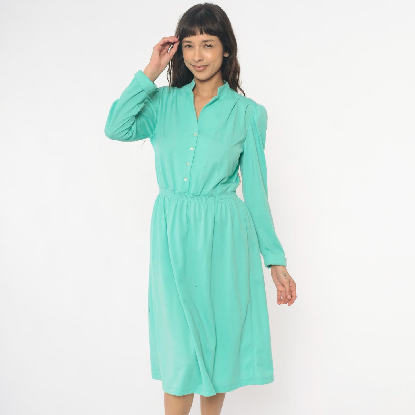 80s Lehigh Mint Green Shirtdress Puff Shoulder Knee-Length Small Medium