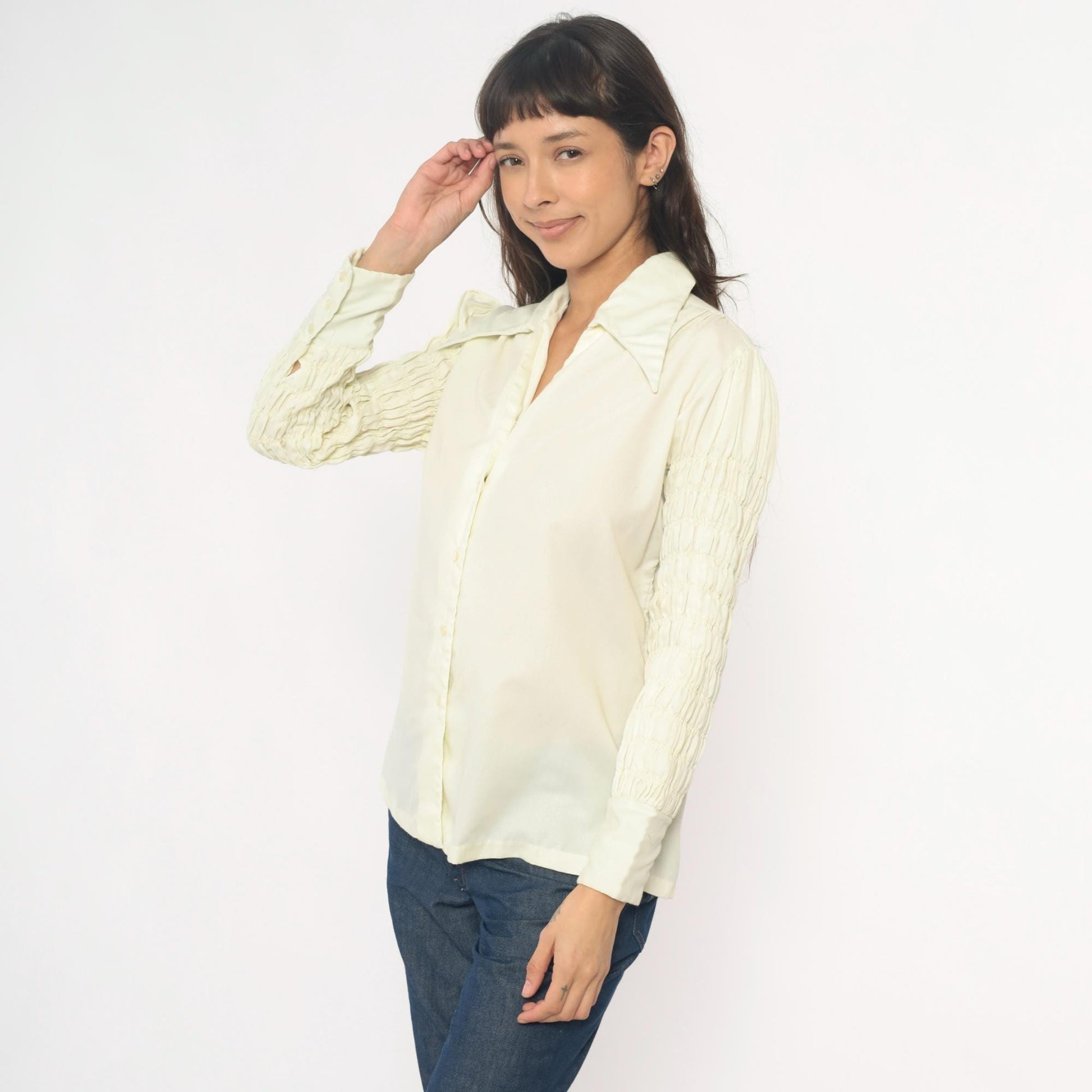 70s Ship n Shore Pale Yellow Button-Up Blouse Smocked Sleeve Collared Large