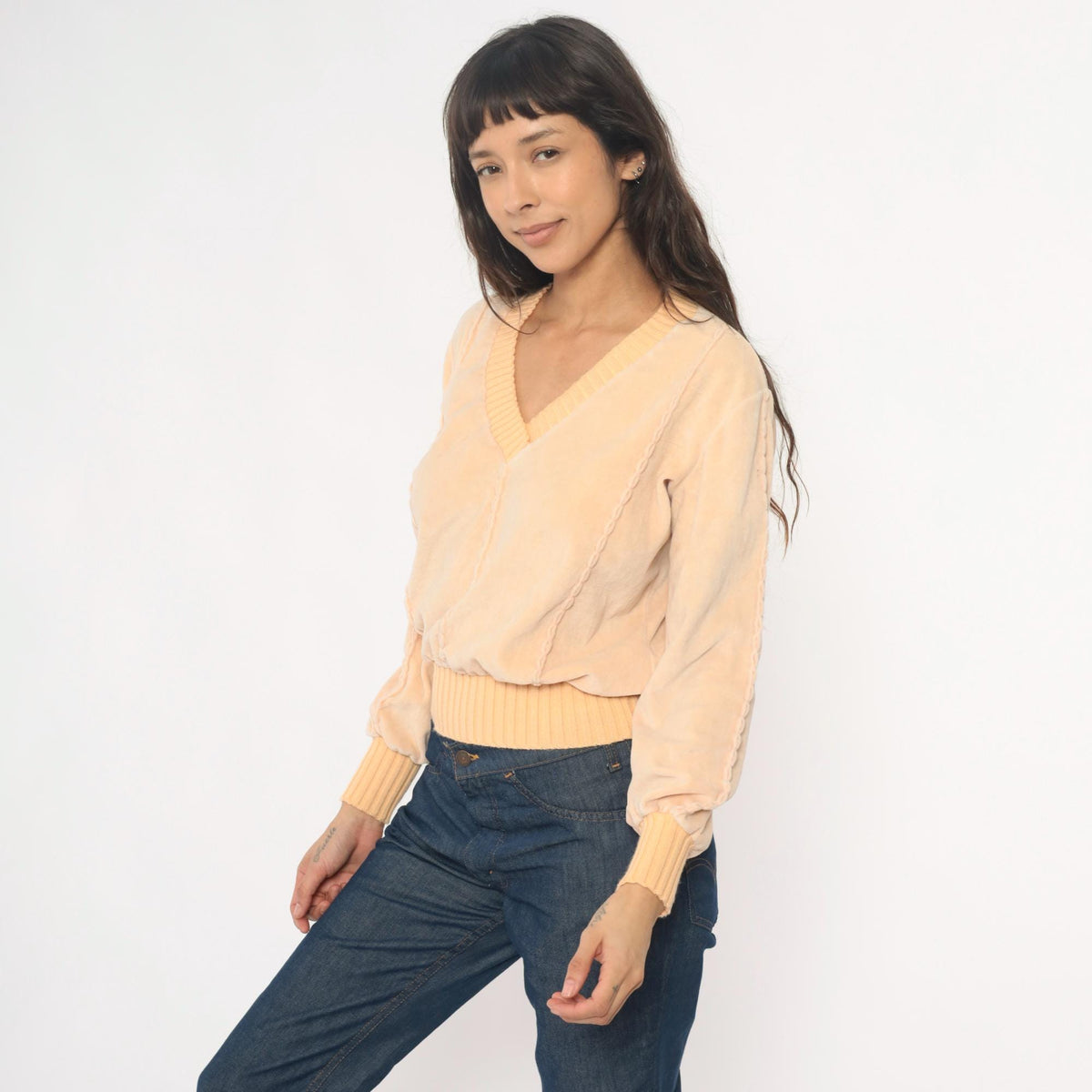 80s Comosport Velour Pullover Cream V-Neck Ribbed Knit Small