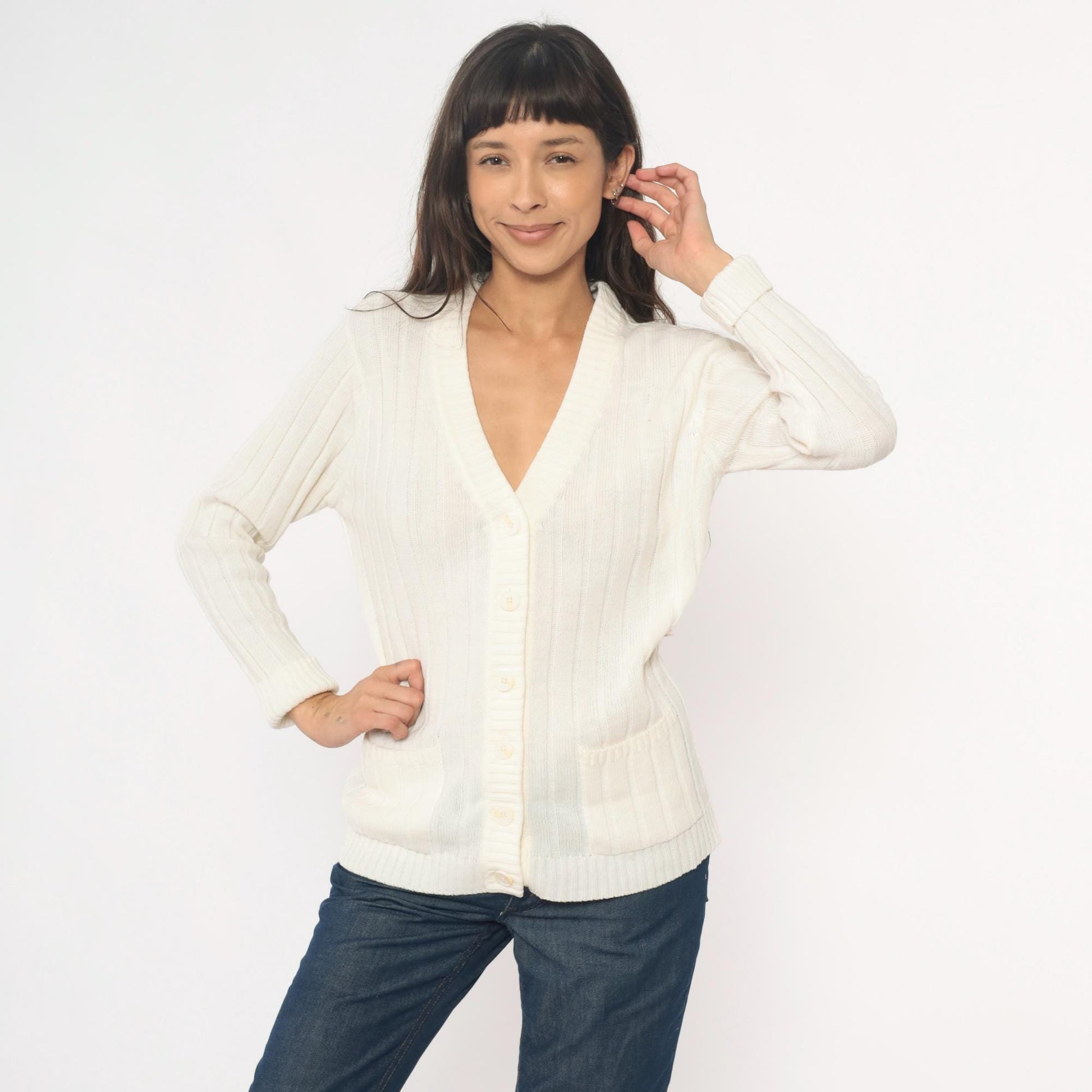 70s Cream Cable Knit Cardigan V-Neck Button Front Zayre Small
