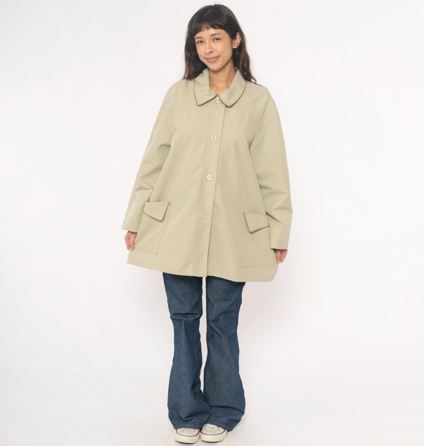 80s Beige Button Front Coat Peter Pan Collar Brown Trim Medium