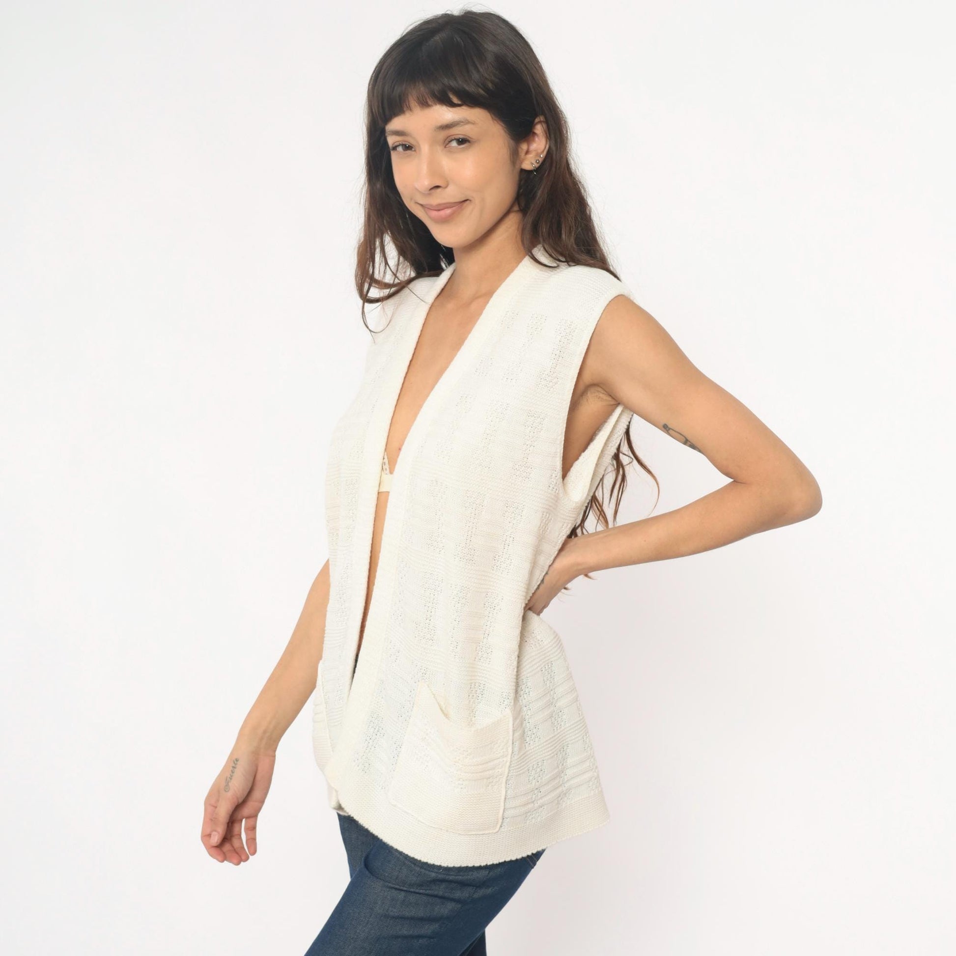 70s Cream Knit Vest Open Front Sleeveless Tank Top Small Medium