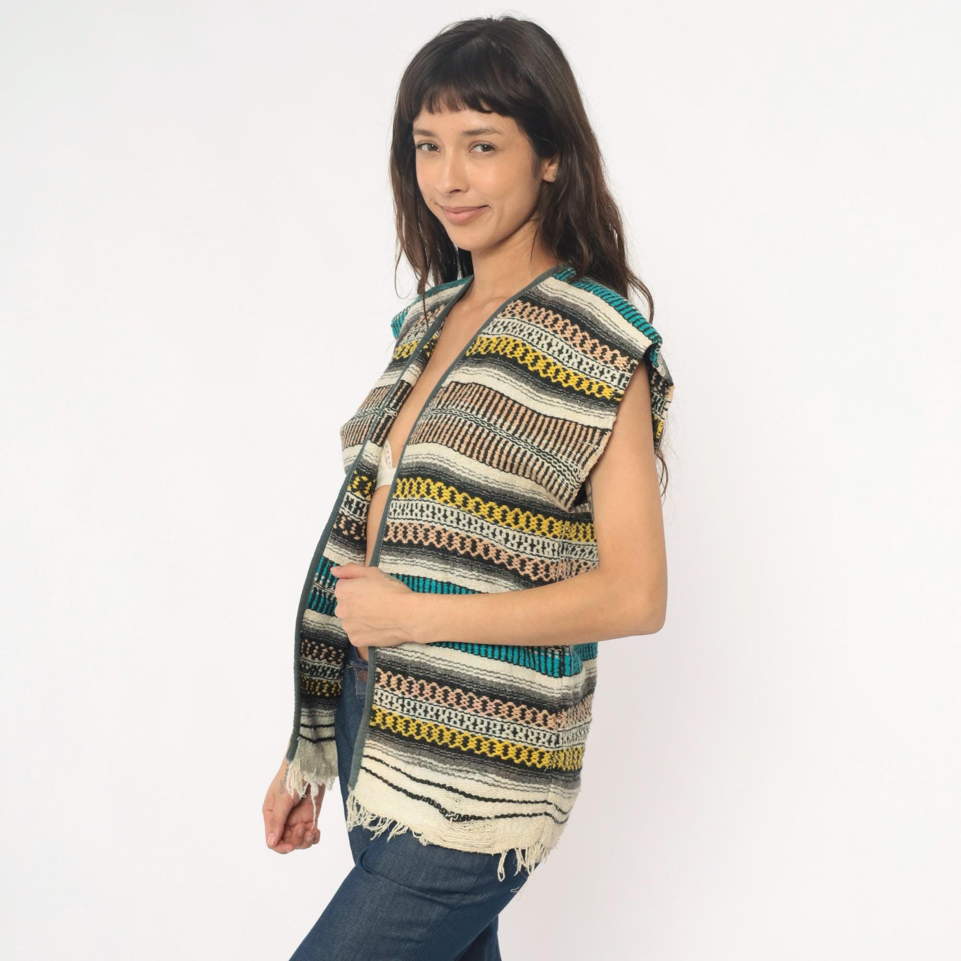 70s Mexican Serape Woven Vest Multicolor Striped Southwest Cap Sleeve Small