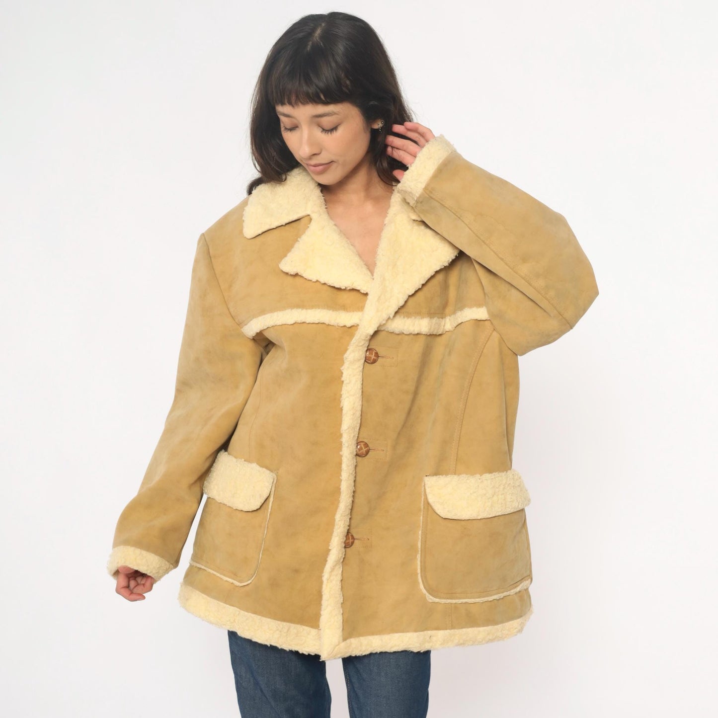 70s Wiman Tan Faux Suede Jacket Sherpa Collar Wide Notch Large