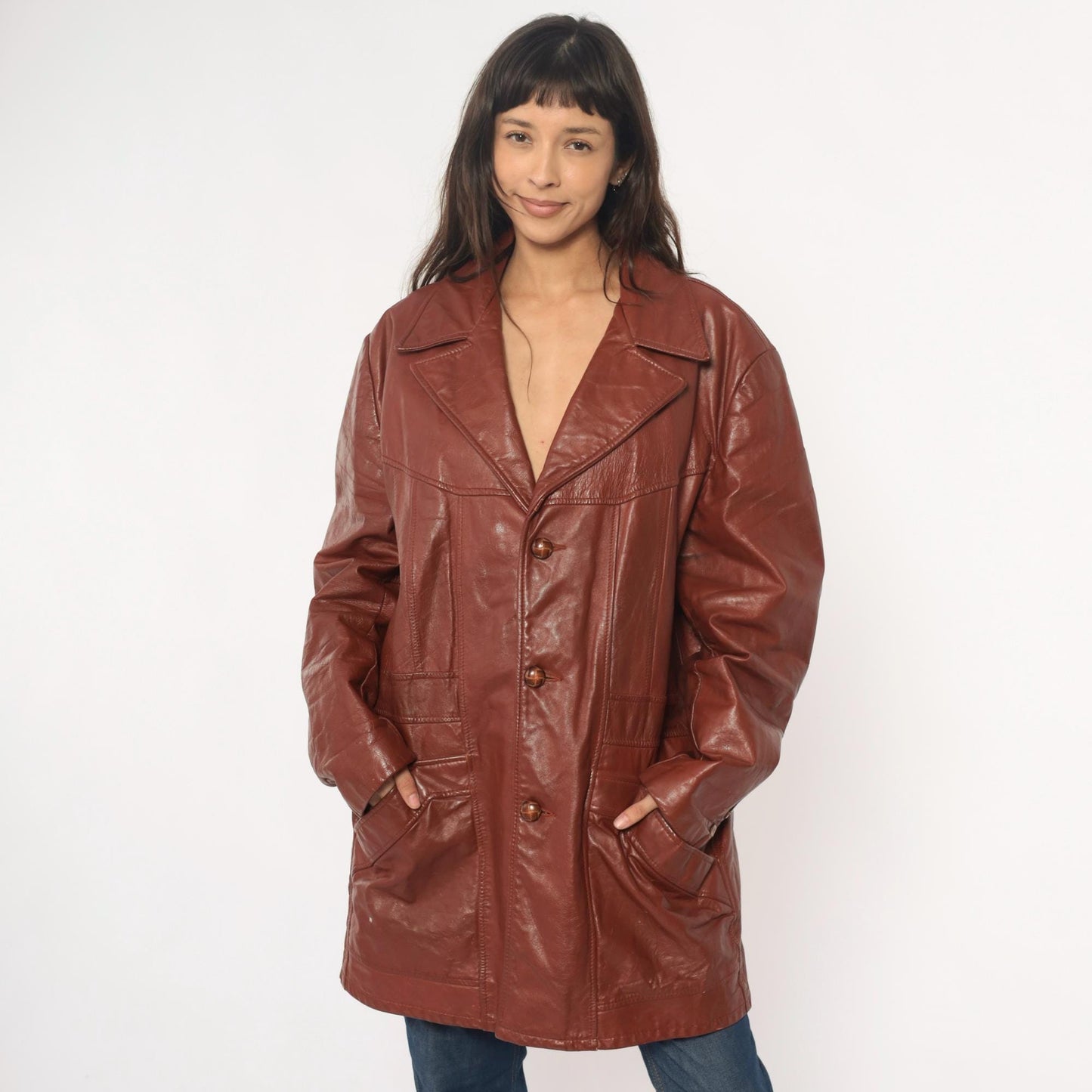 70s Brown Leather Jacket Notched Collar Long Coat Burgundy Lining Extra Large
