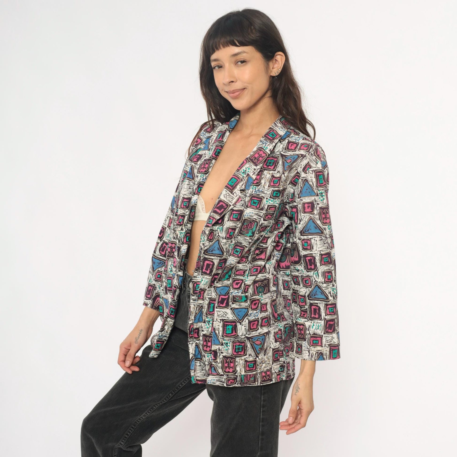 90s Mister Remo Geometric Abstract Blazer Pink Blue Cotton Small S