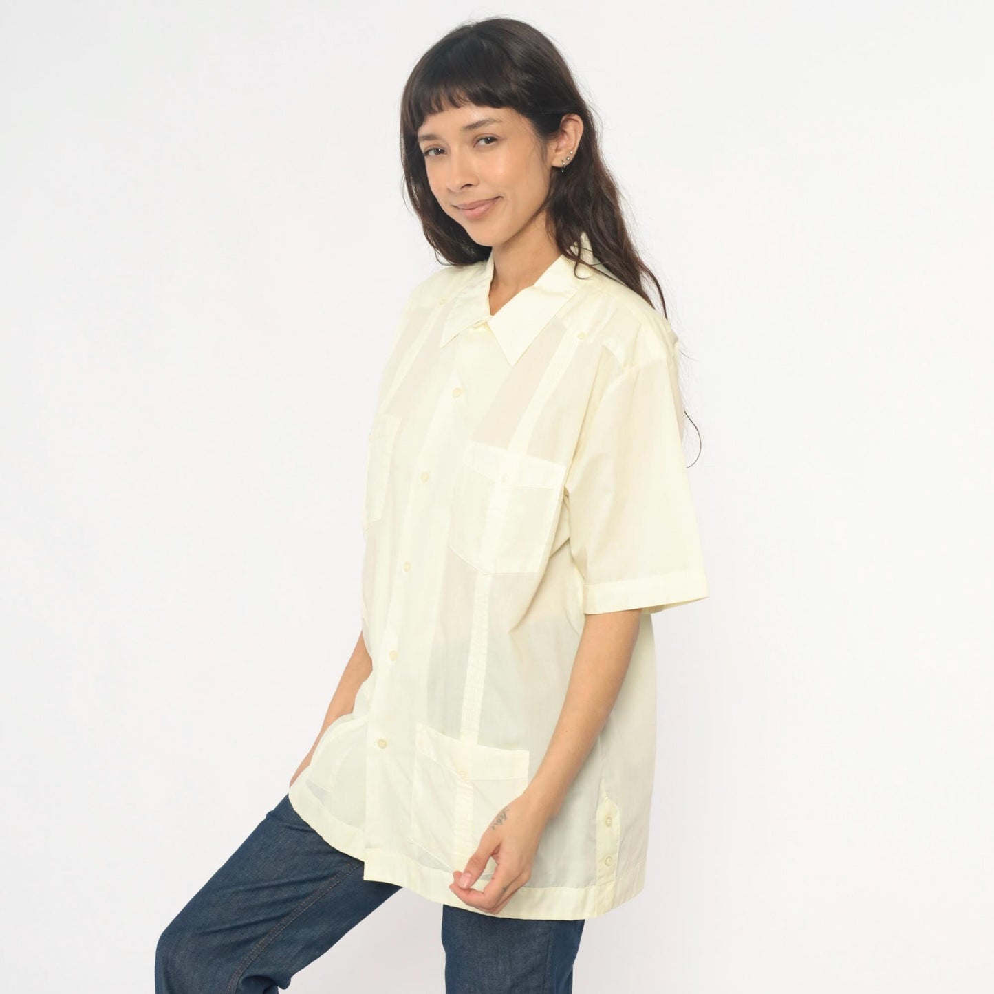 80s Pale Yellow Guayabera Shirt Pintuck Pleated Cotton Cream Collar Extra Large XL