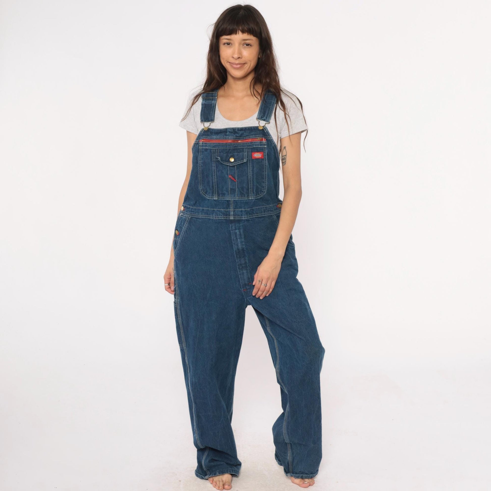 Dickies Y2K Blue Denim Overalls Bib Front Zipper Pocket Large L