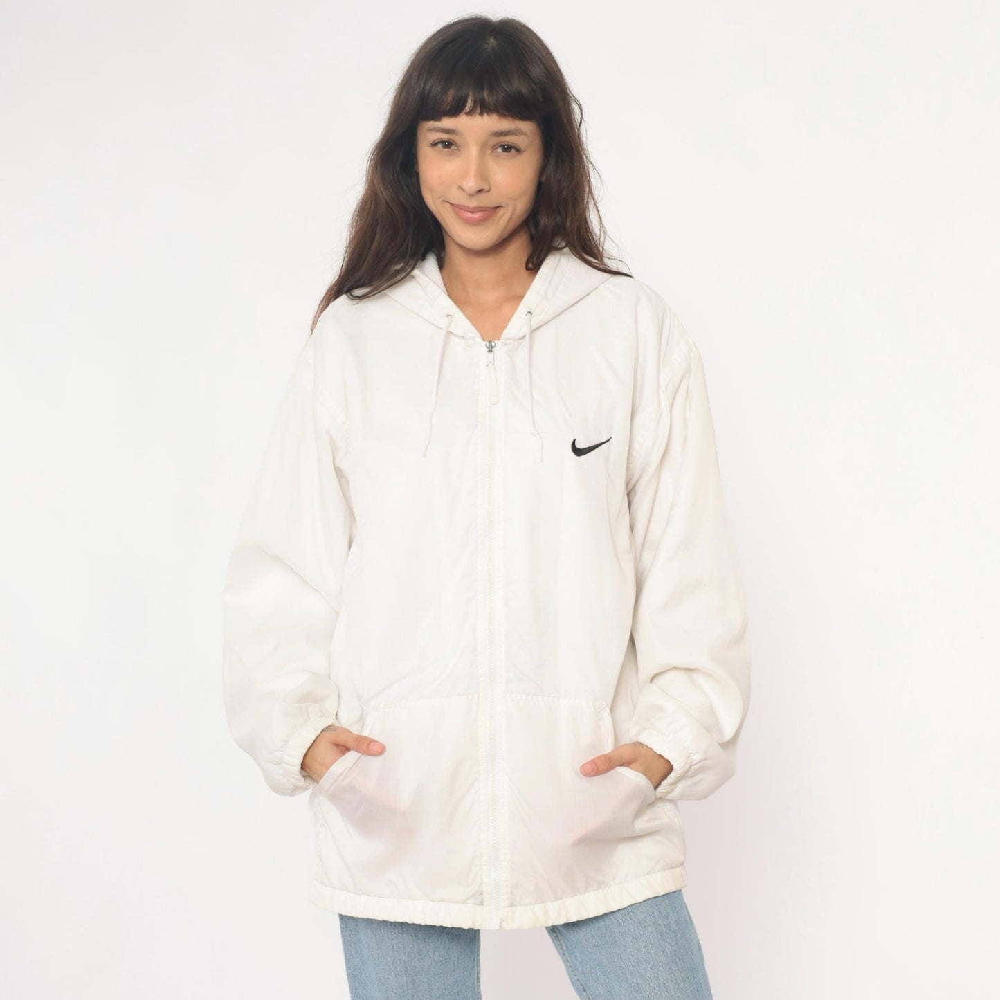 90s Nike Air Windbreaker Hooded Full Zip Jacket White Nylon Large L