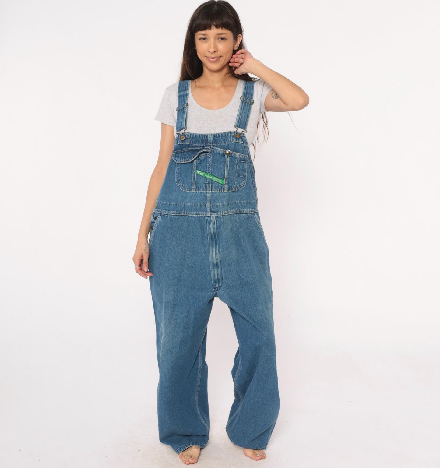 90s Key Denim Overalls Medium Blue Wide Leg Bib Dungarees Utility Pockets