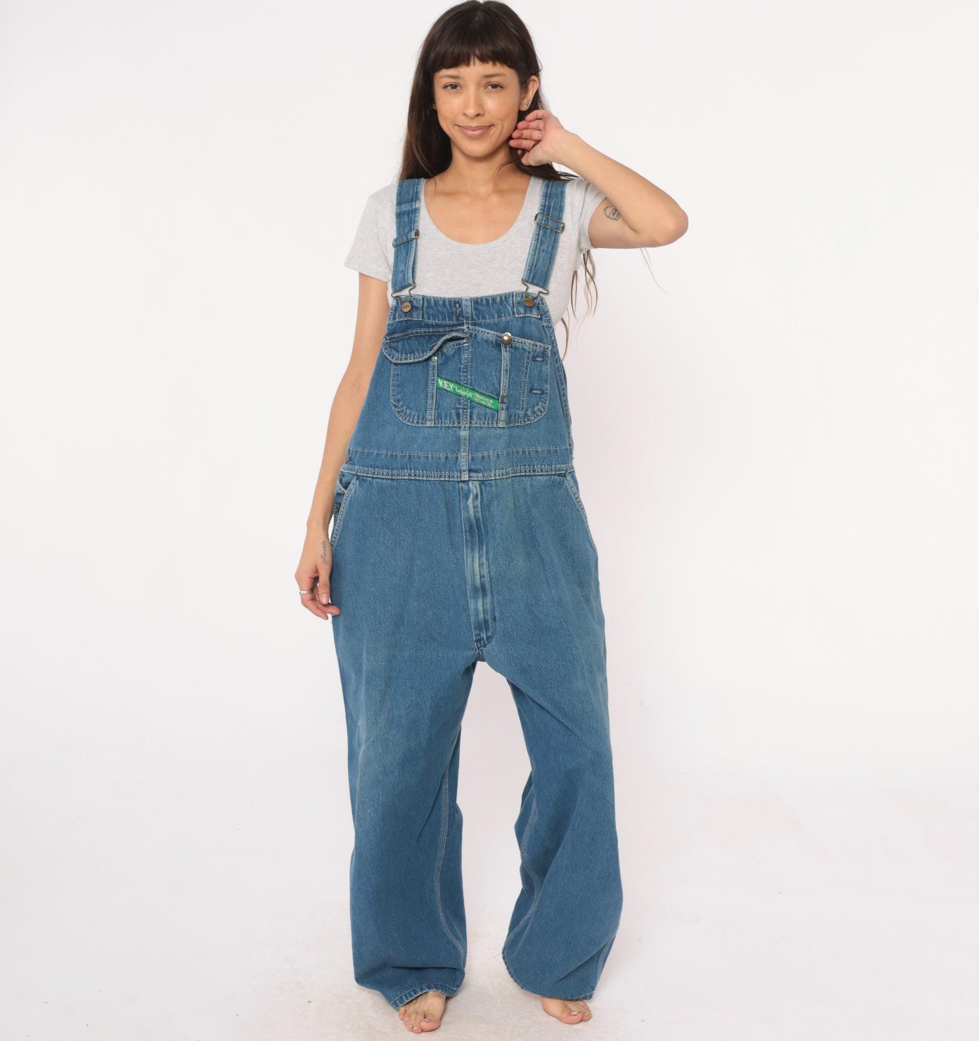 90s Key Denim Overalls Medium Blue Wide Leg Bib Dungarees Utility Pockets