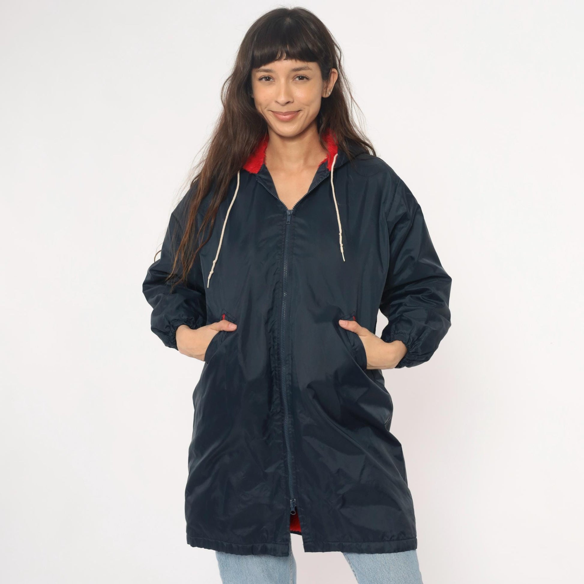 80s LEXD Swimming Team Jacket Navy Hooded Windbreaker Fur Lined Small