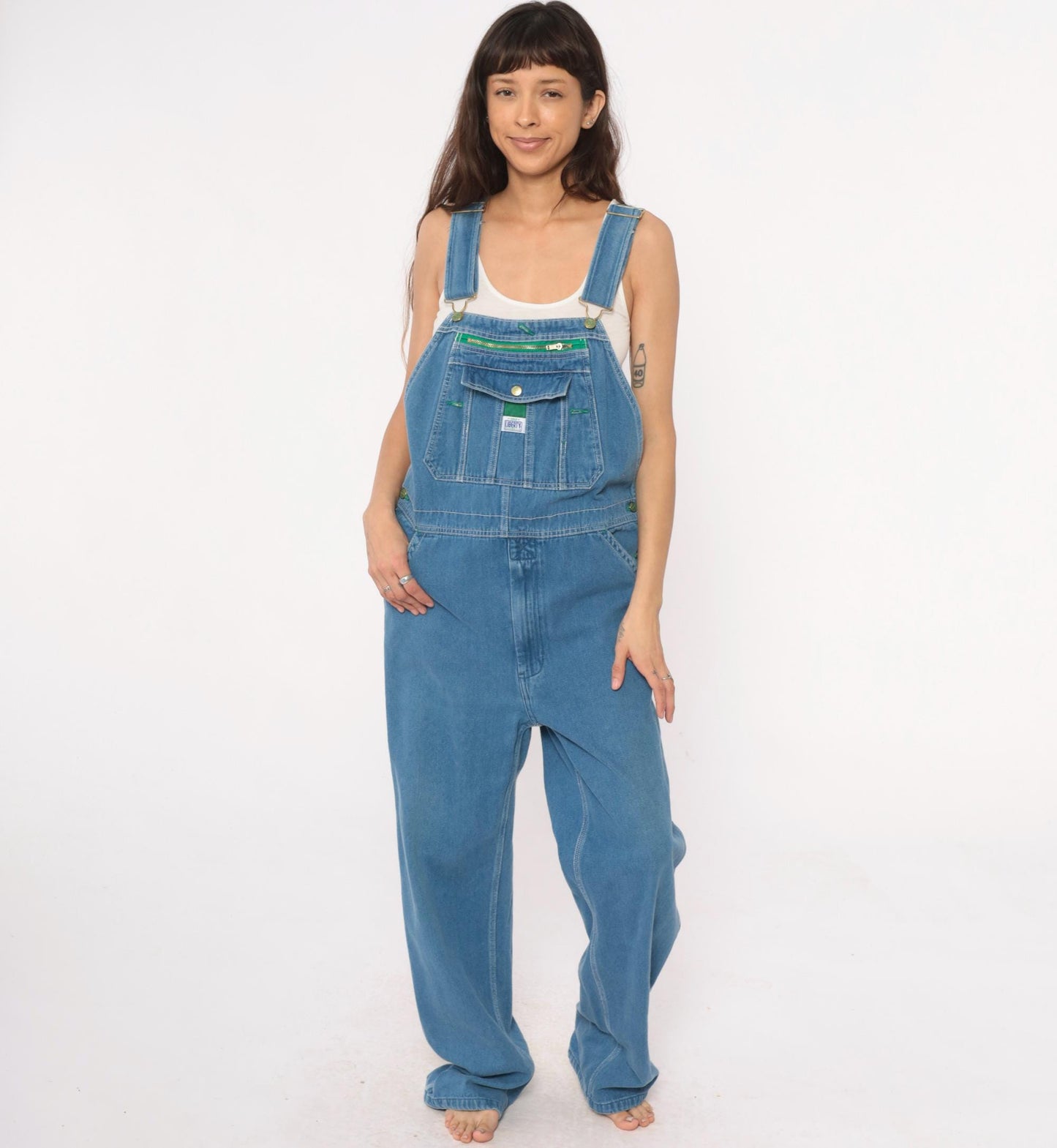 90s Liberty Denim Overalls Blue Green Stitching Unisex Medium