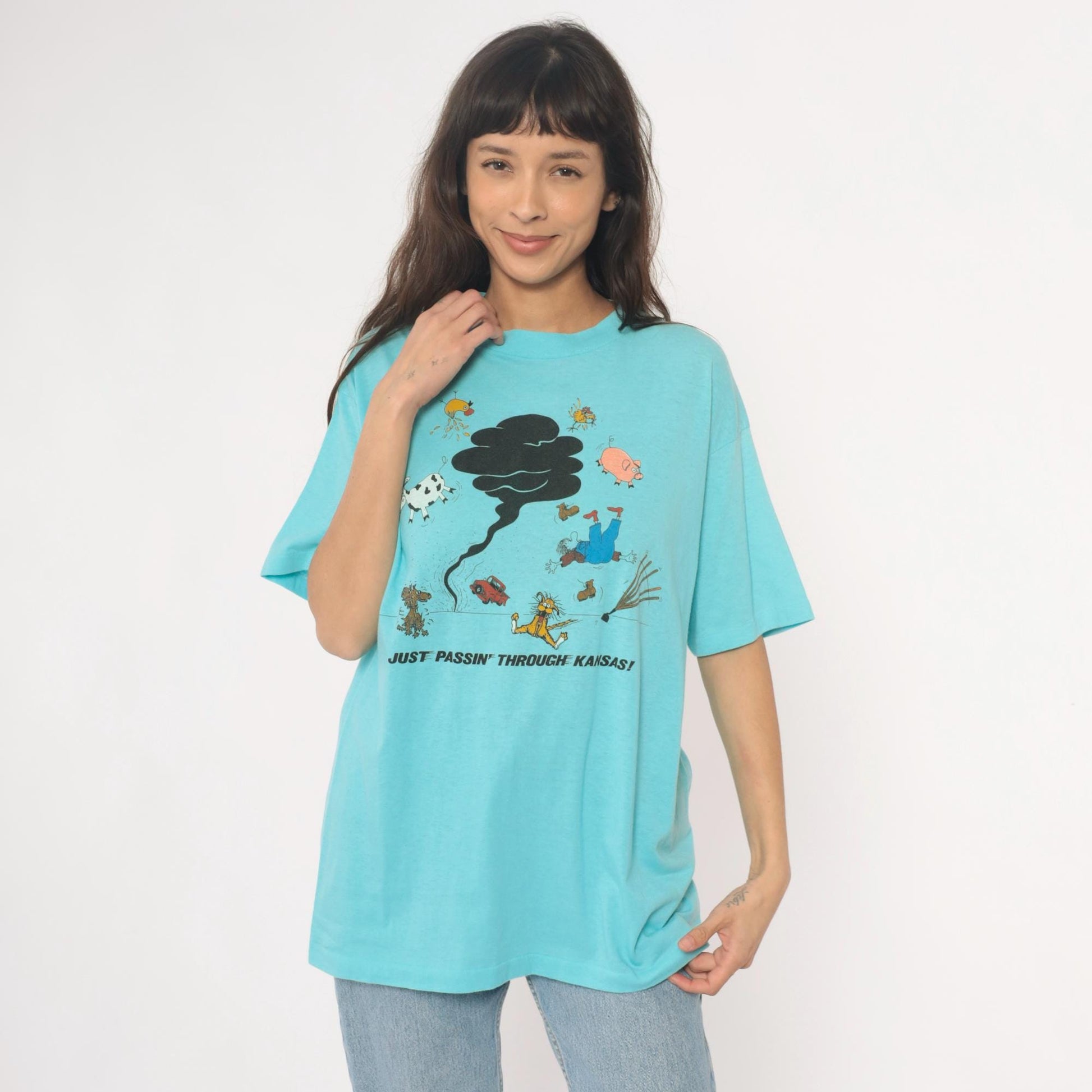 90s Anvil Kansas Tornado Graphic Tee Turquoise Cartoon Farm Animals Extra Large XL